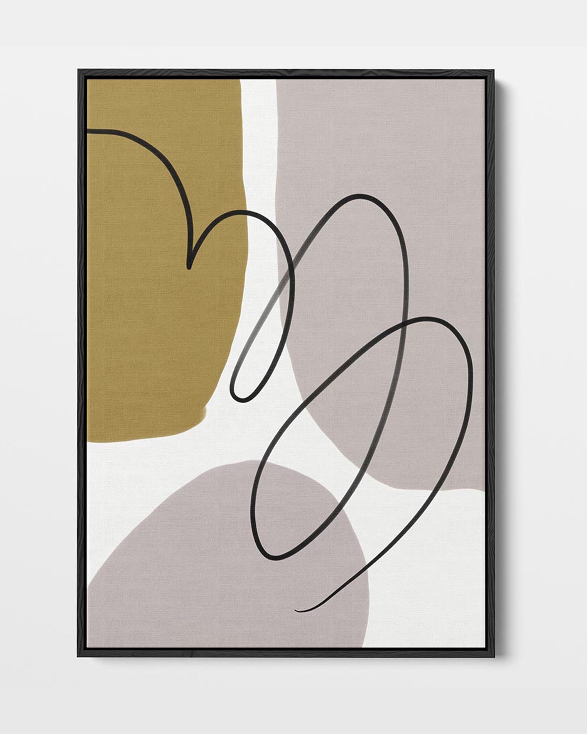 A framed canvas featuring abstract geometric line art in grey and mustard colors.