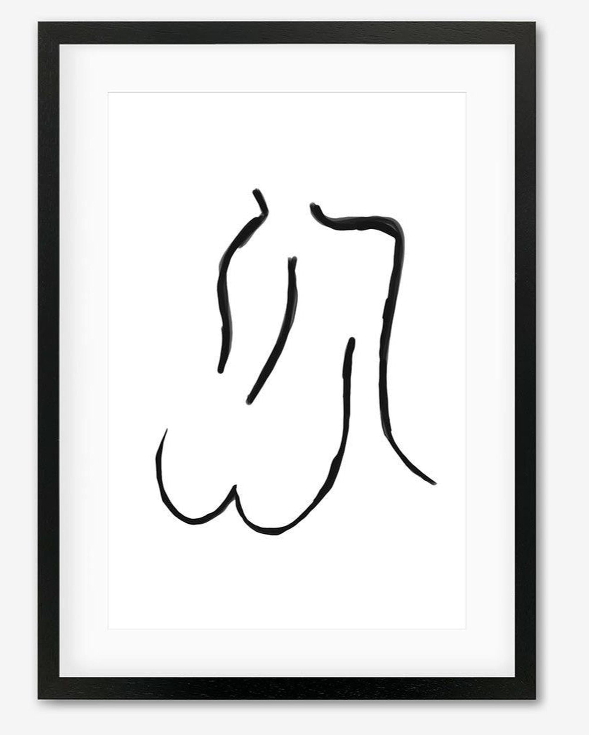 Framed artwork with a black line drawing on a white background