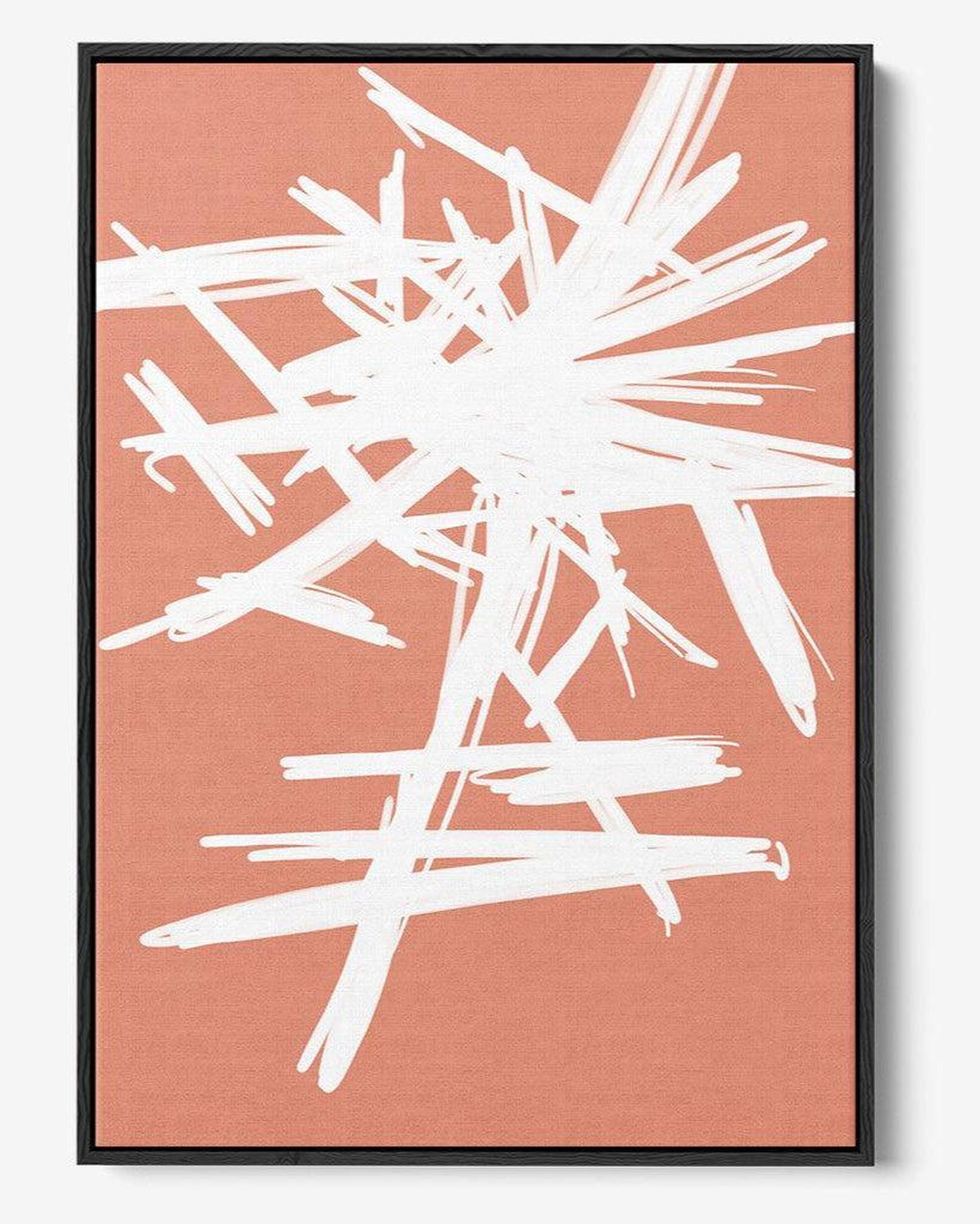 Framed abstract art print with white strokes on a pink background