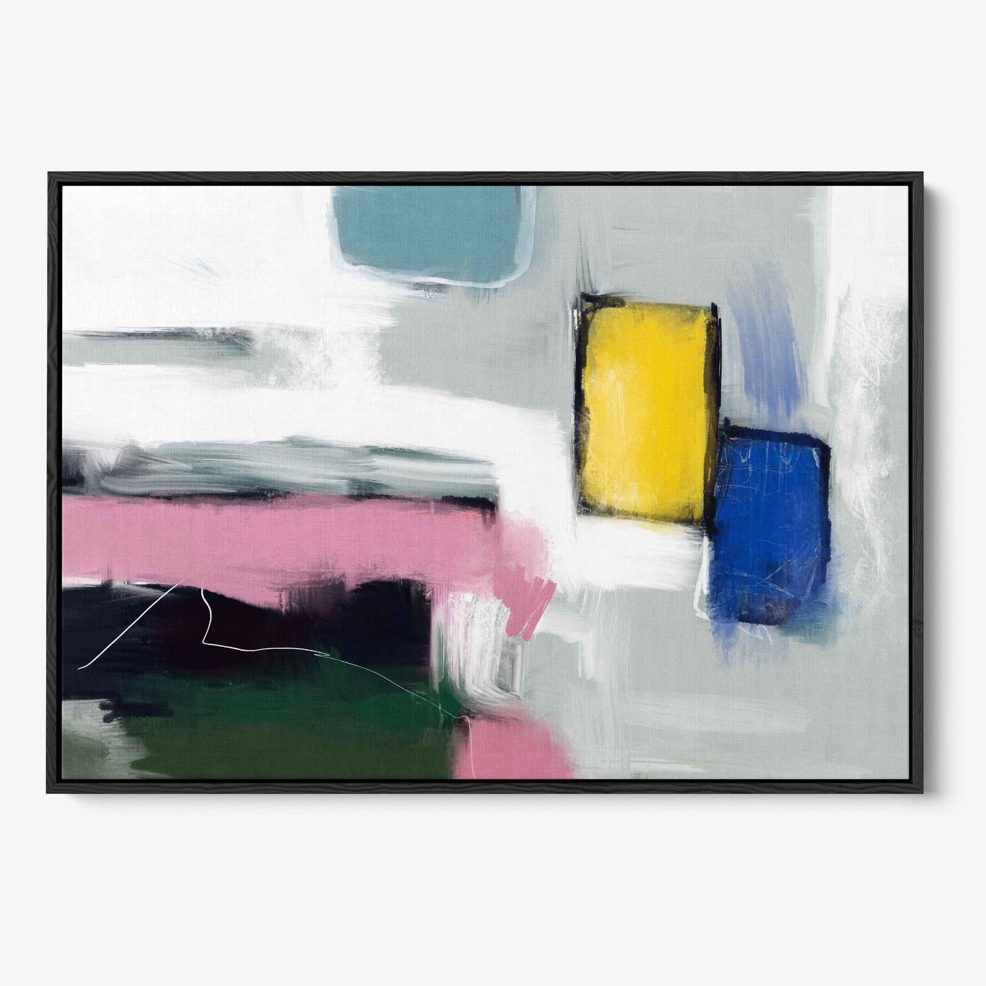 A framed canvas featuring an abstract colorful painting with geometric movement, displayed in a simple black frame.