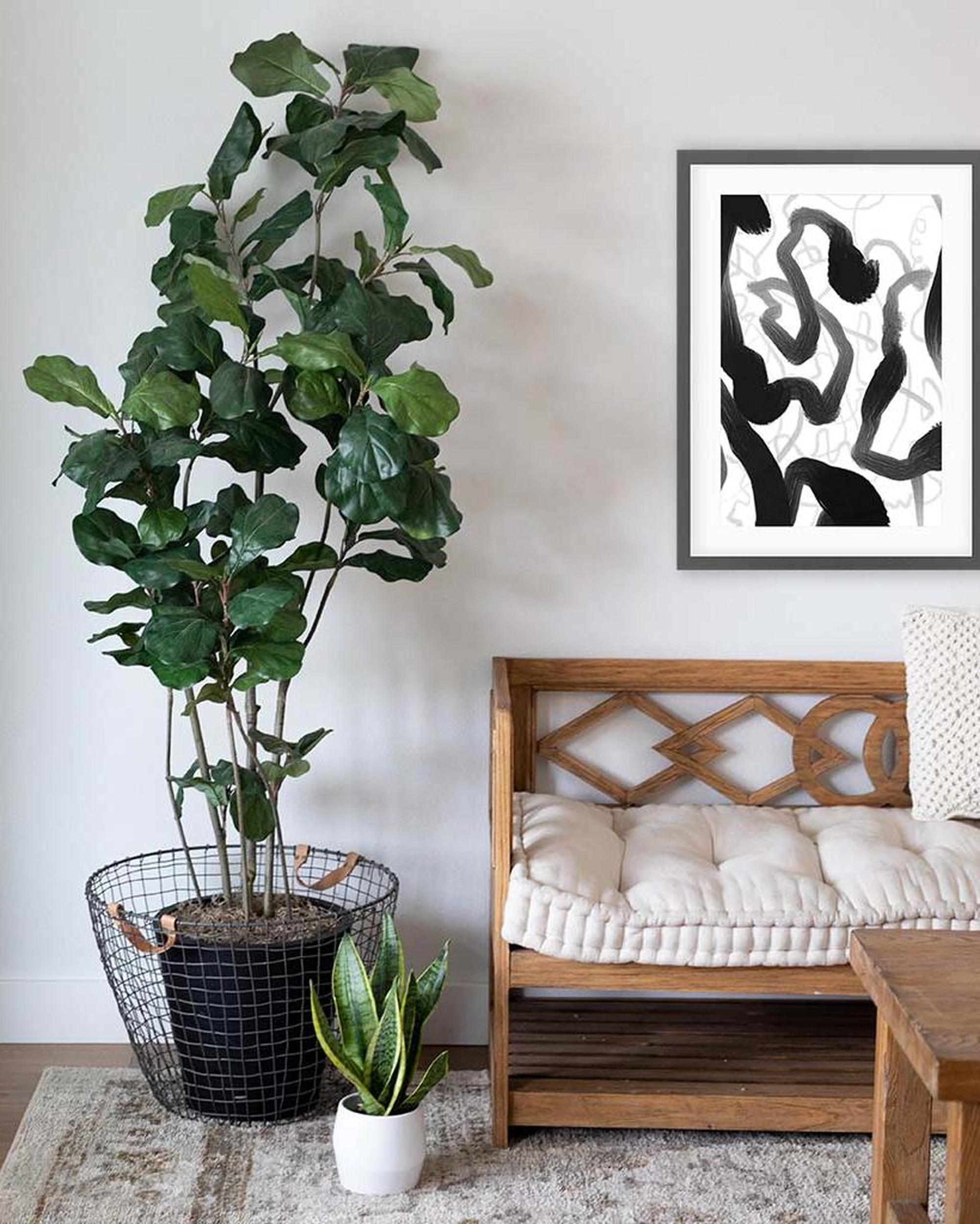 Living room with a large potted plant, wooden bench, and abstract art on the wall.