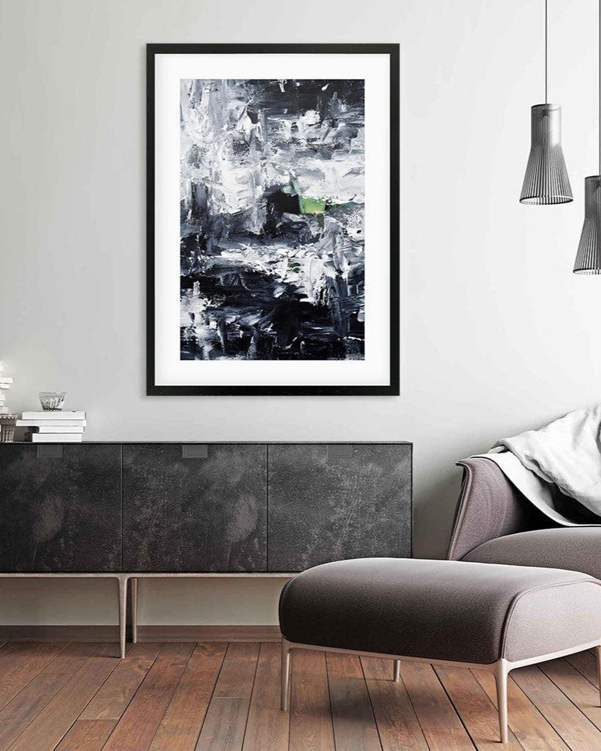 Modern living room with abstract art on the wall