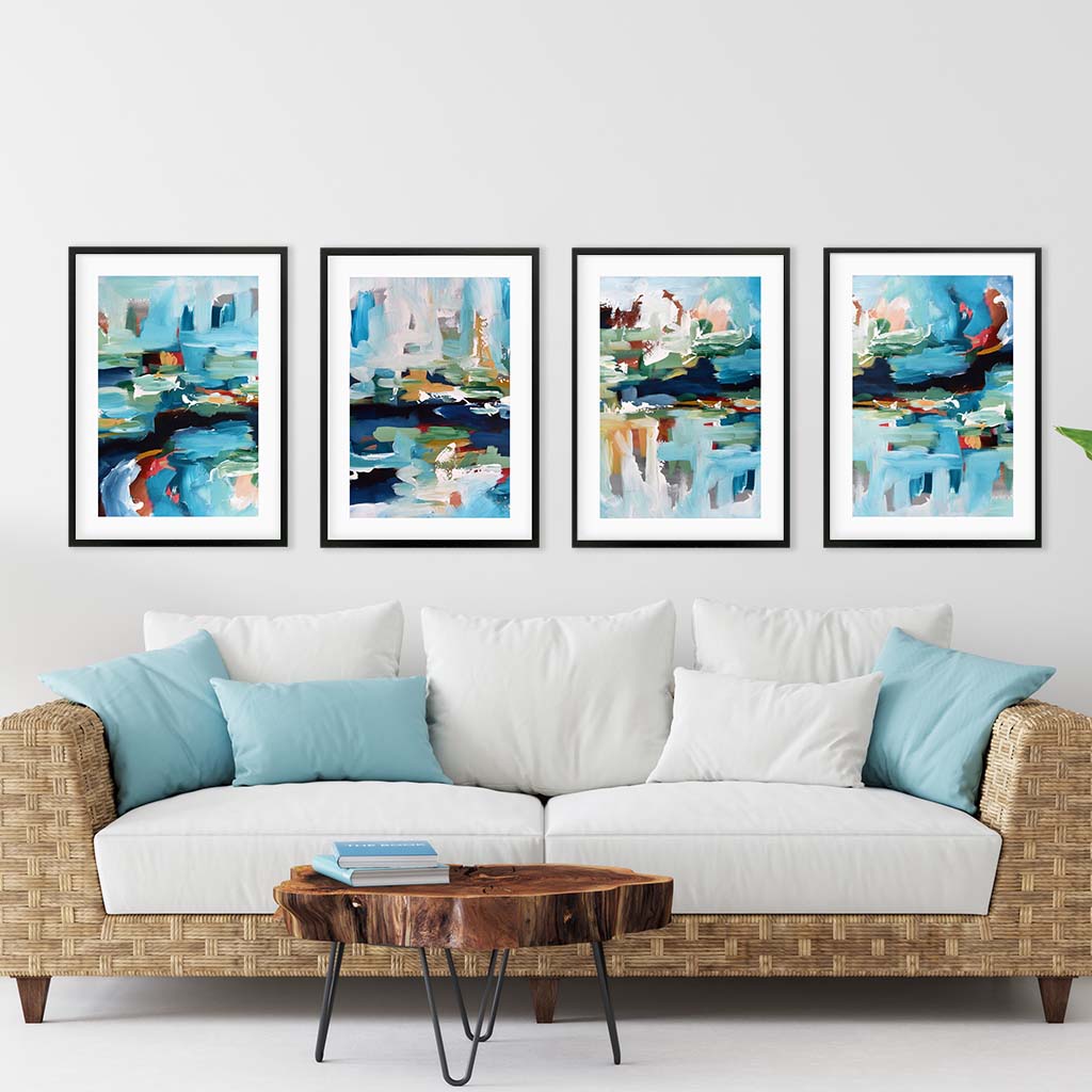 Abstract Turquoise Still Waters - Print Set Of 4-framed-Wall Art Print Set Of 4-Abstract House