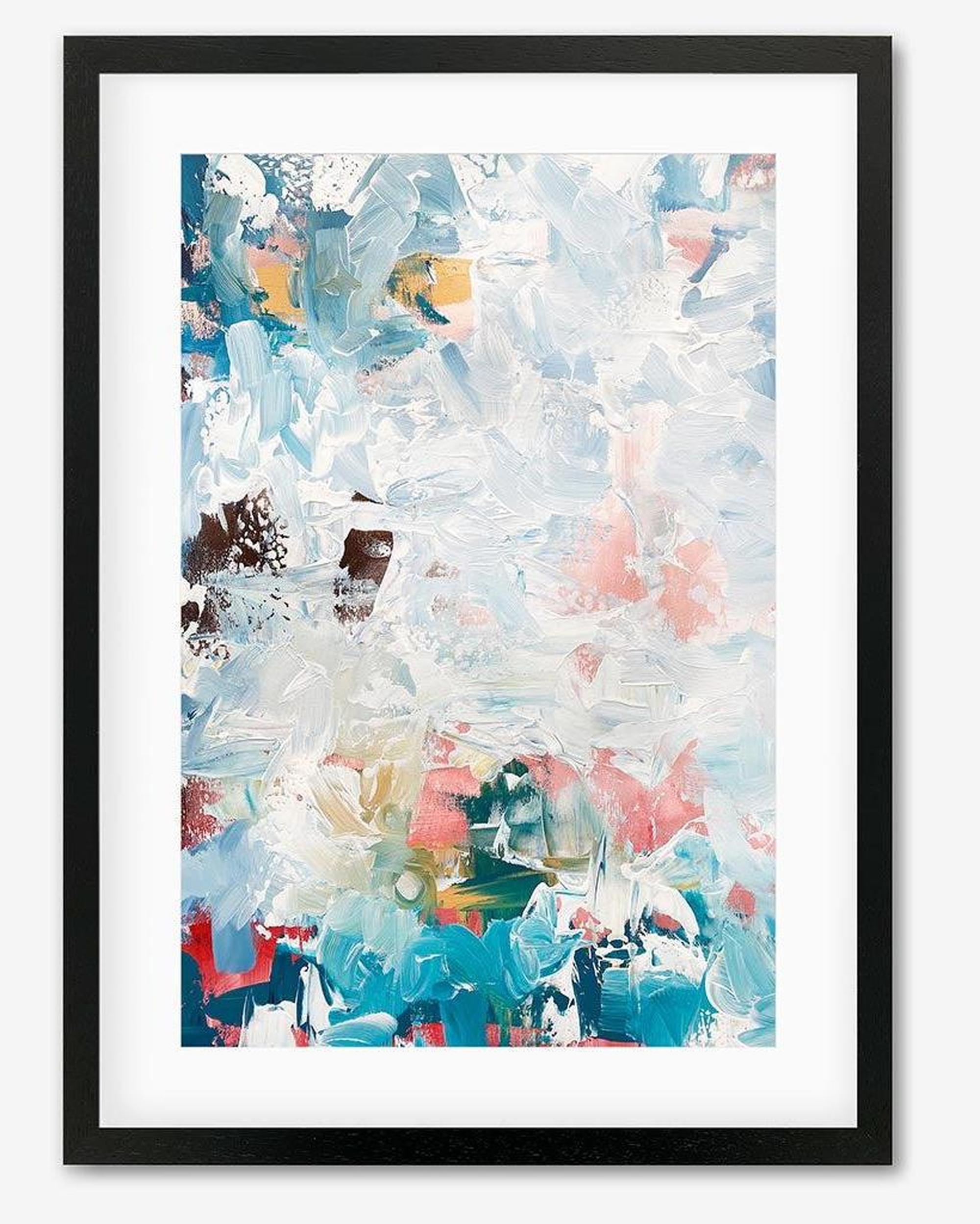 Framed abstract art print with colorful brush strokes on a white background