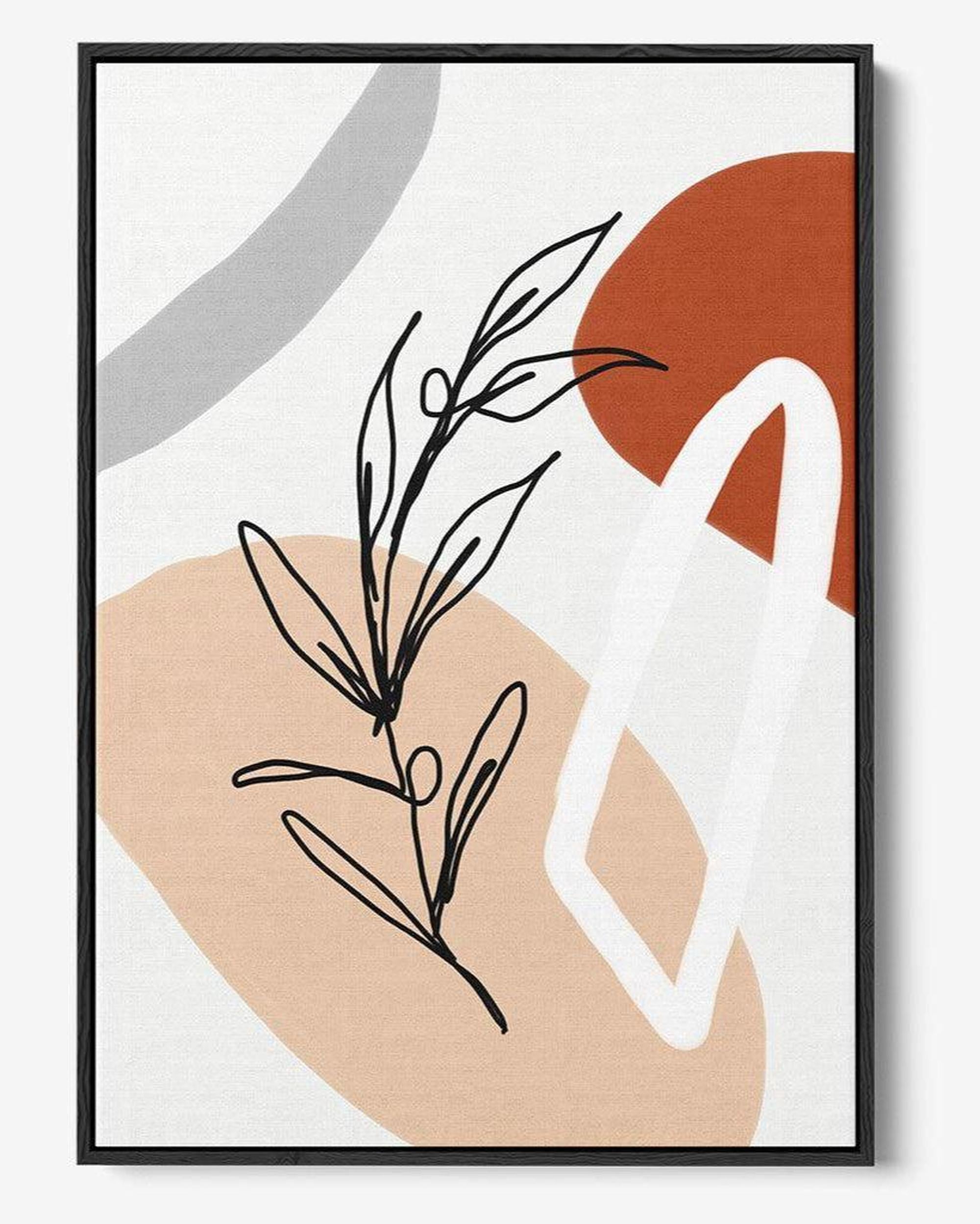 Abstract art print with black line art, beige, brown, and white shapes on a light gray background.