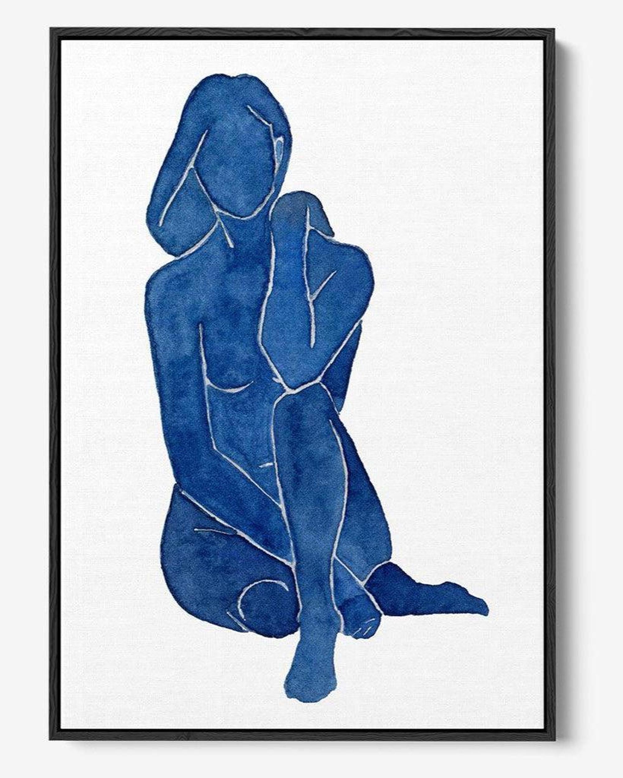 Framed artwork of two blue abstract figures embracing on a white background