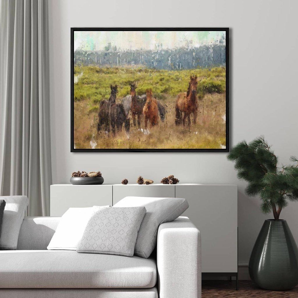 Horses In A Field Painting Framed Canvas