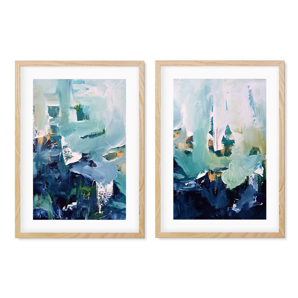 Modern Teal And Classic Blue - Print Set Of 2 Oak Frame Wall Art Print Set Of 2 - Abstract House