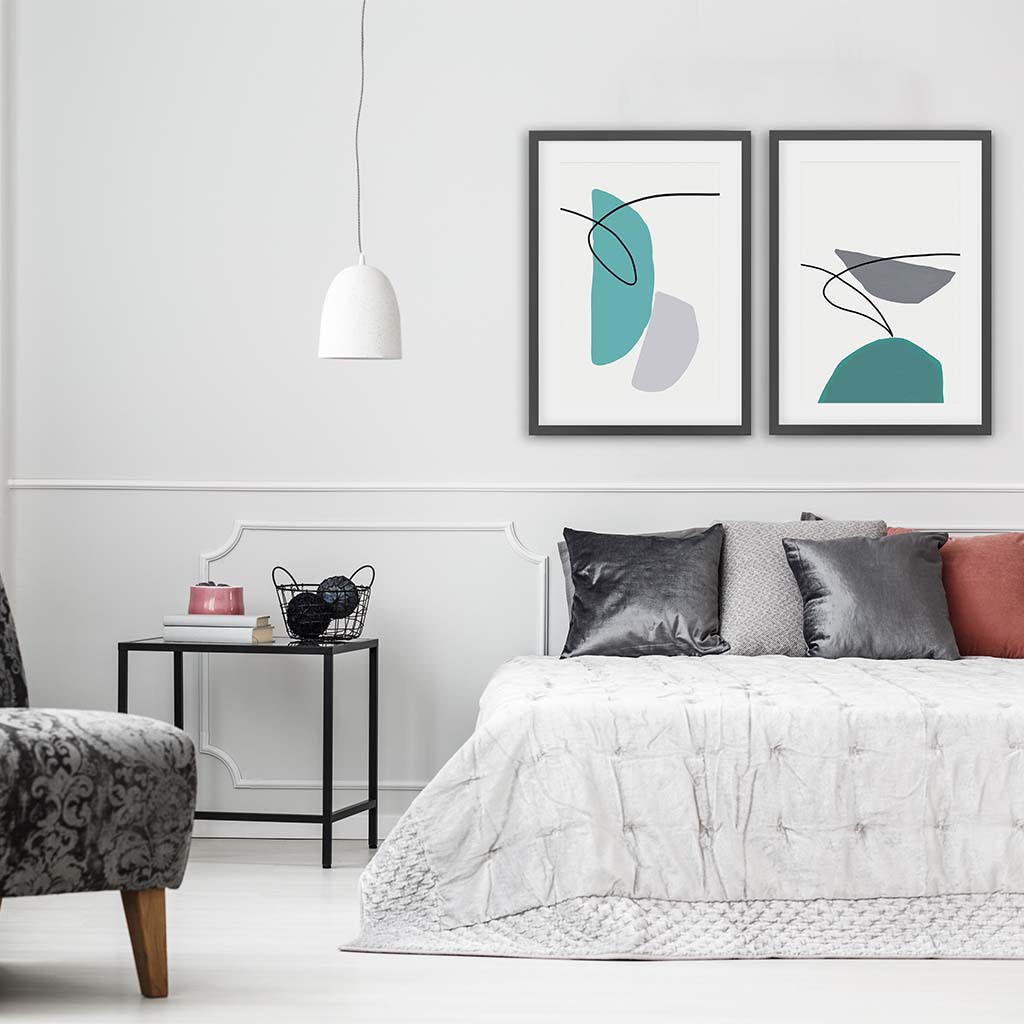 Teal And Grey Shapes - Print Set Of 2 Black Frame Wall Art Print Set Of 2 - Abstract House
