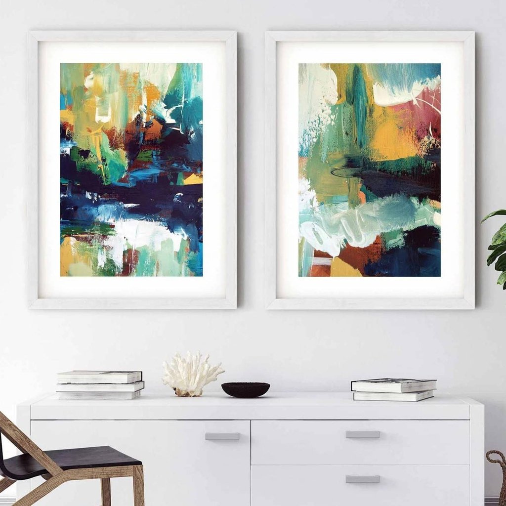 Vibrant Abstracts In Teal And Gold - Print Set Of 2