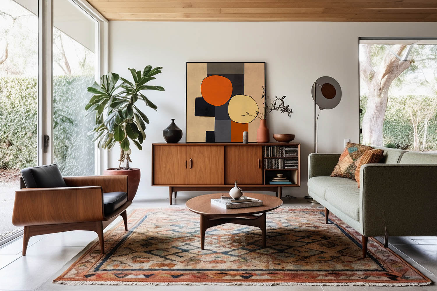 mid-century framed artwork in living room