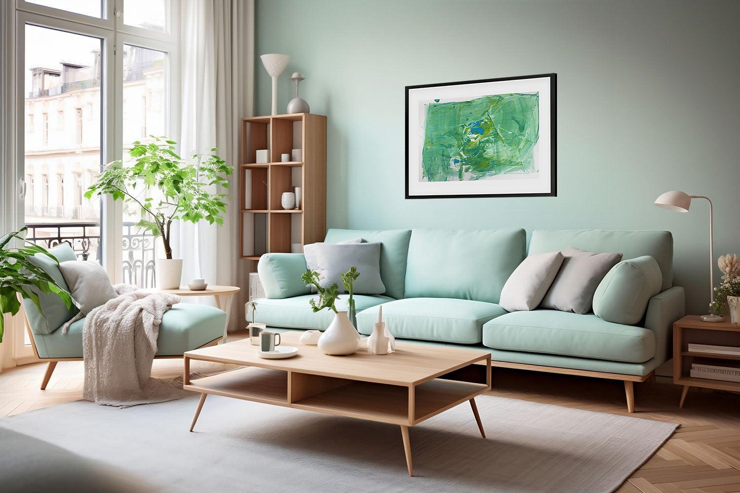 Green interiors inspiration living room ideas green wall art modern original paintings matcha green