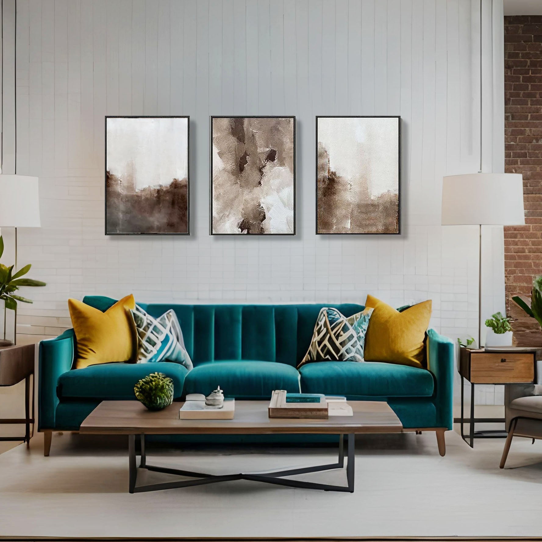 extra large framed abstract canvas pictures above a sofa in a living room