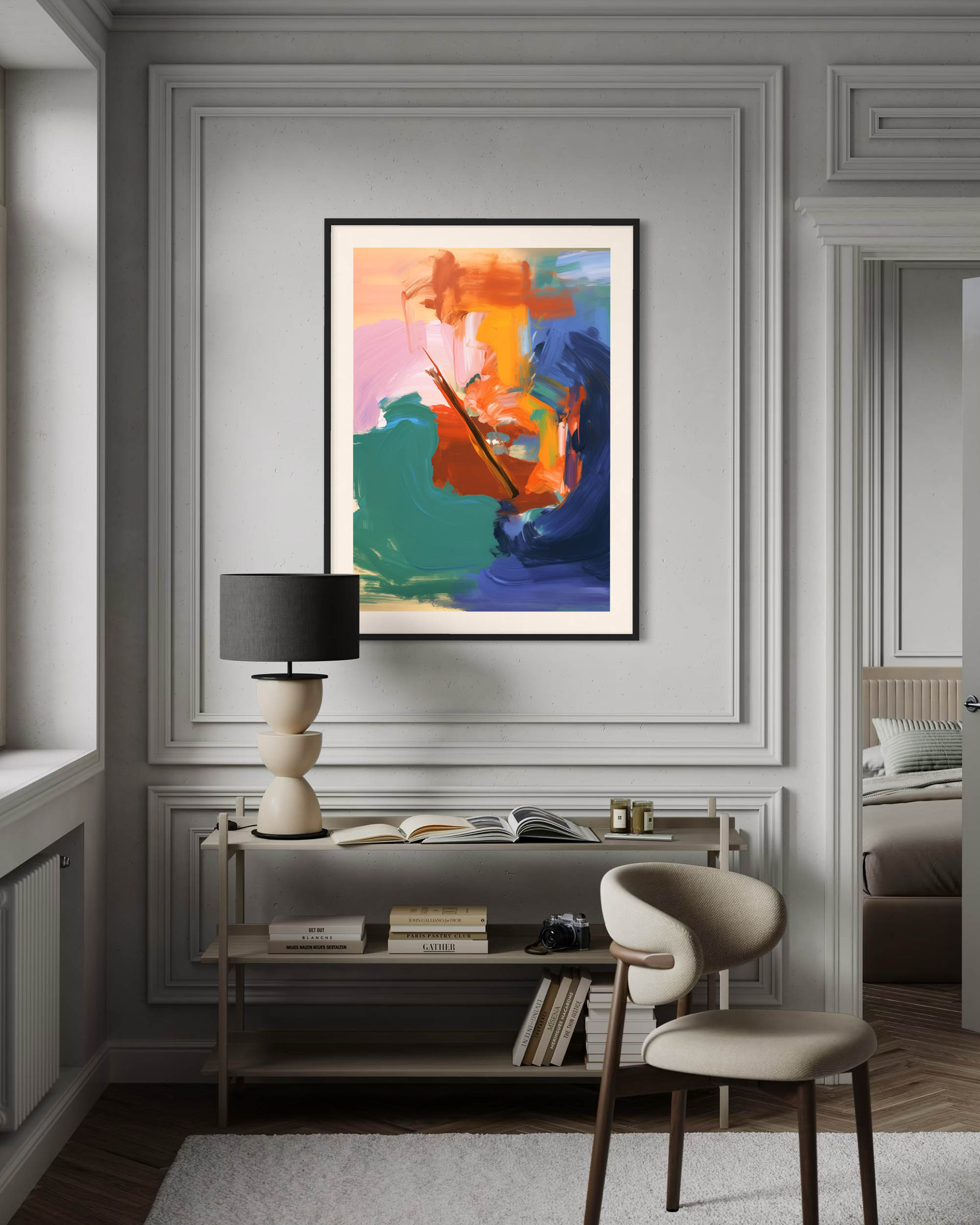 abstract art print framed on a wall in classic living room