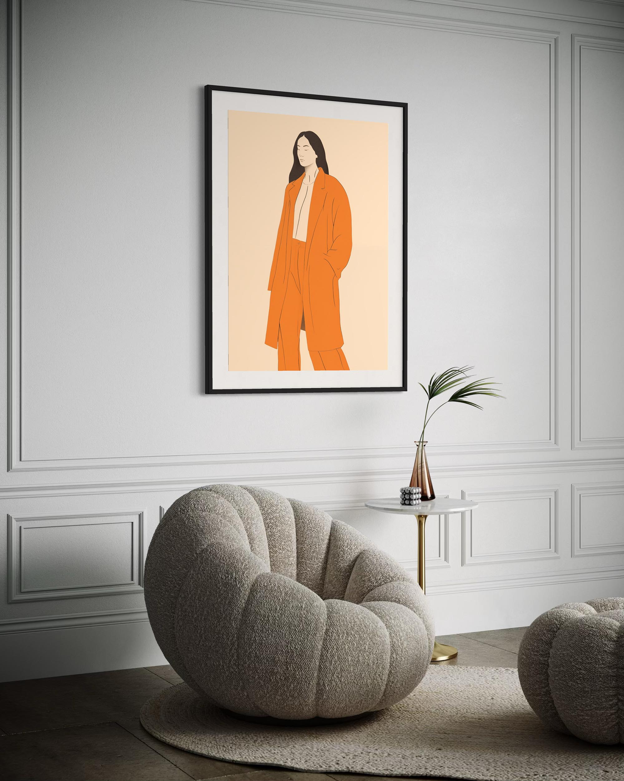 figurative illustration of a woman wearing an orange suit - modern art print