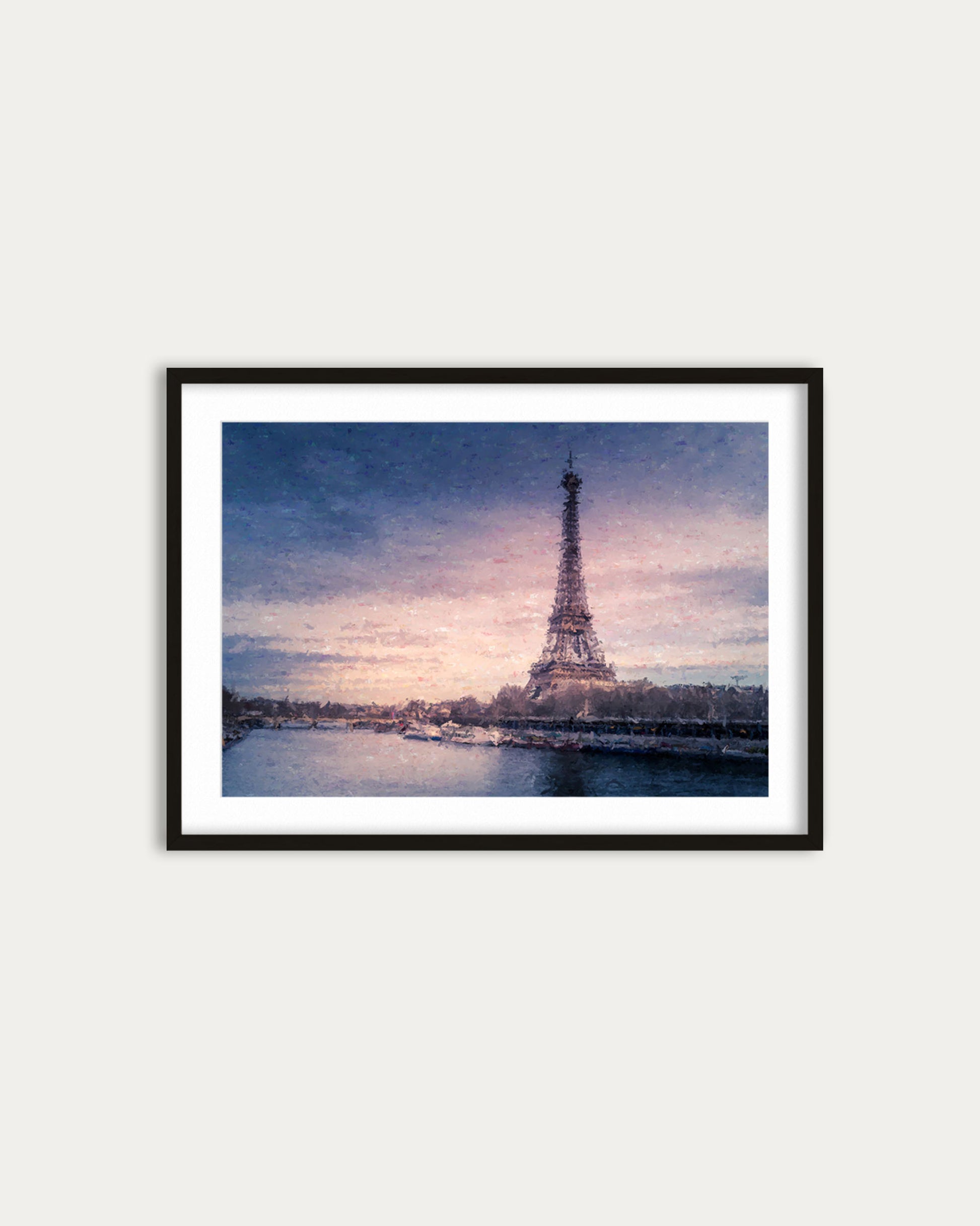 Framed artwork of the Eiffel Tower at dusk with a watercolor effect.