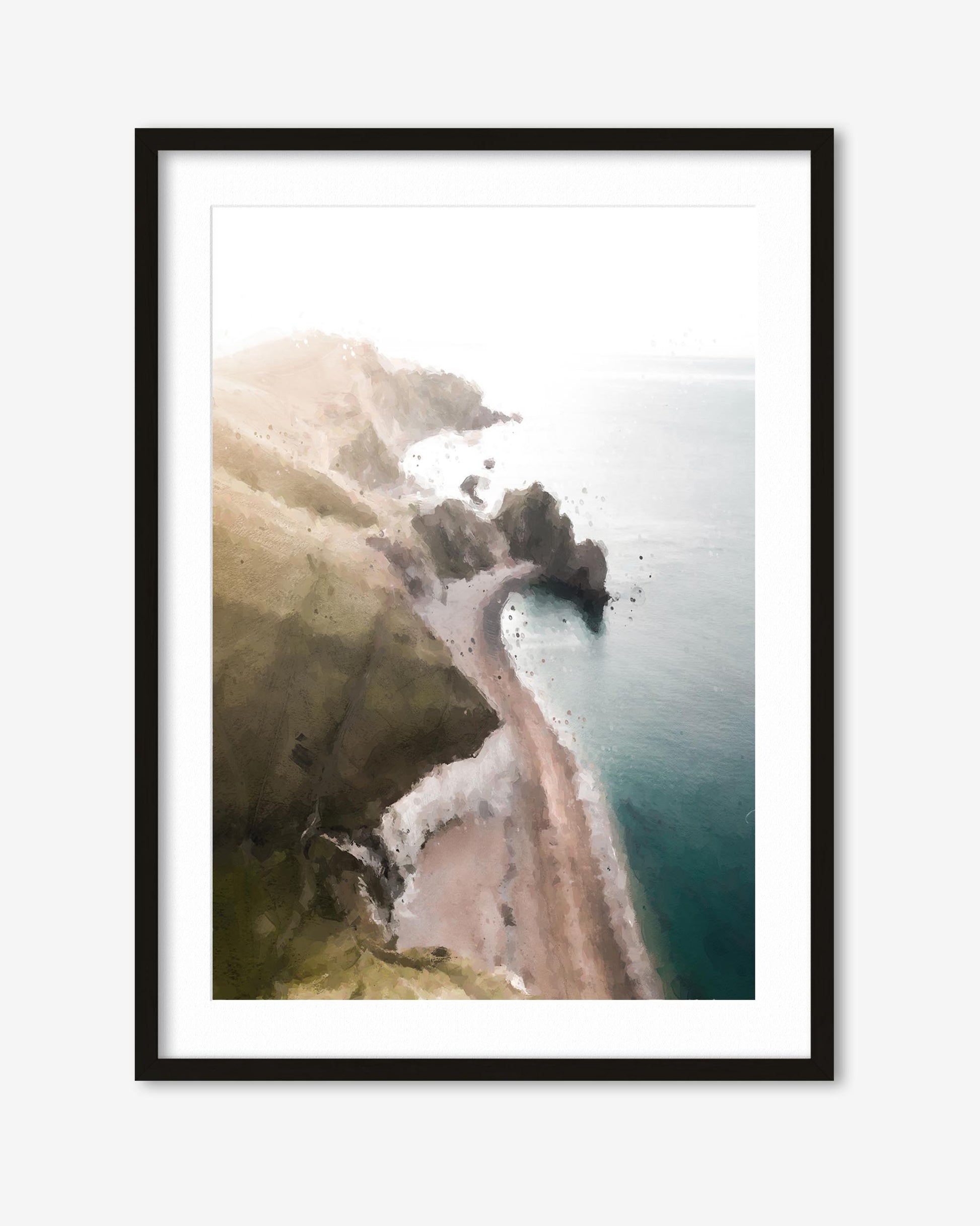 Framed artwork of a coastal landscape with cliffs and ocean.