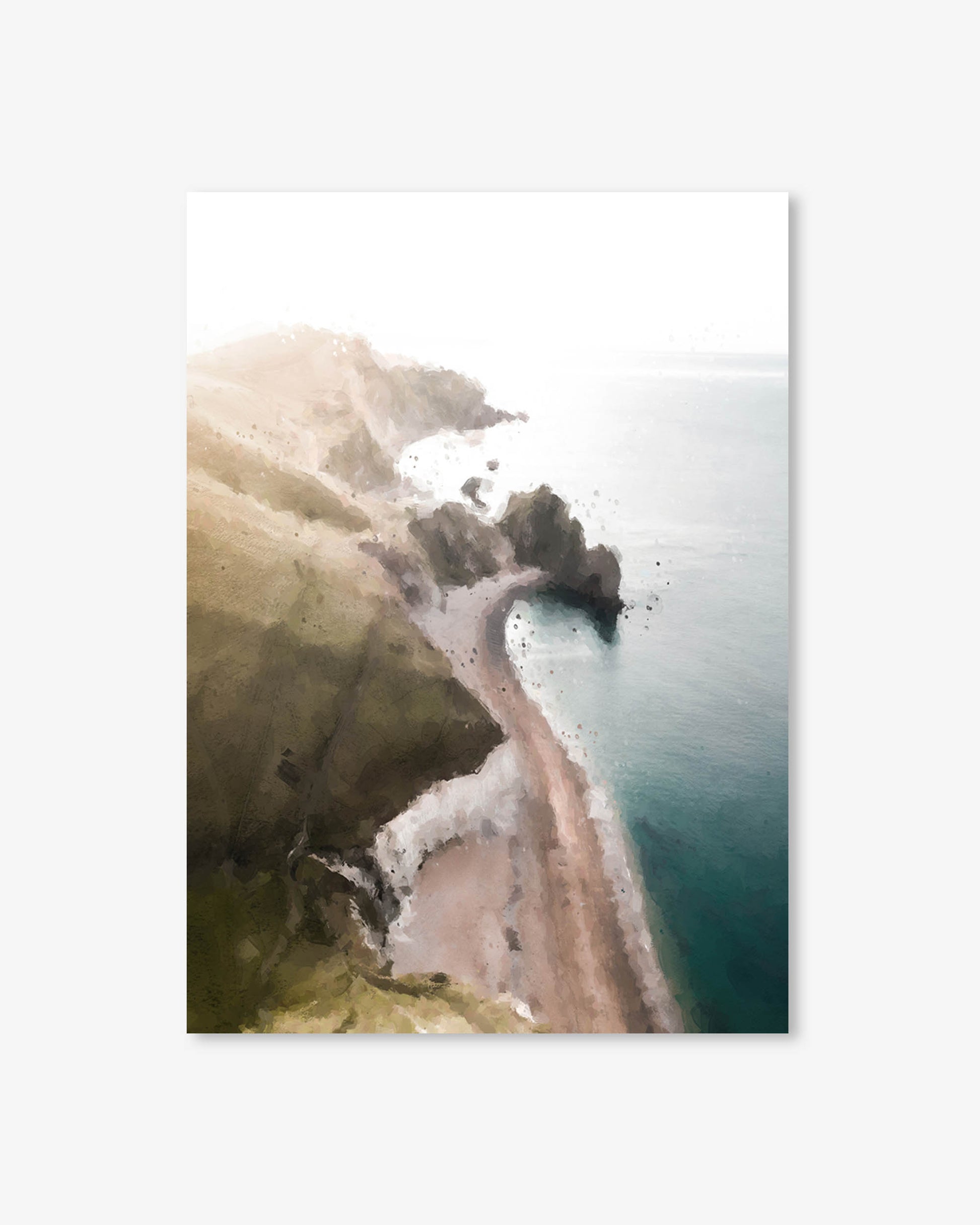 Coastal landscape with cliffs and a path leading to the sea.