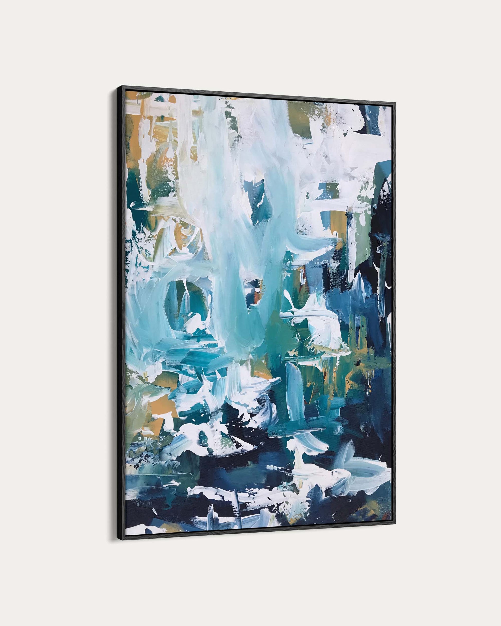 Abstract painting with blue and white tones on a light gray background