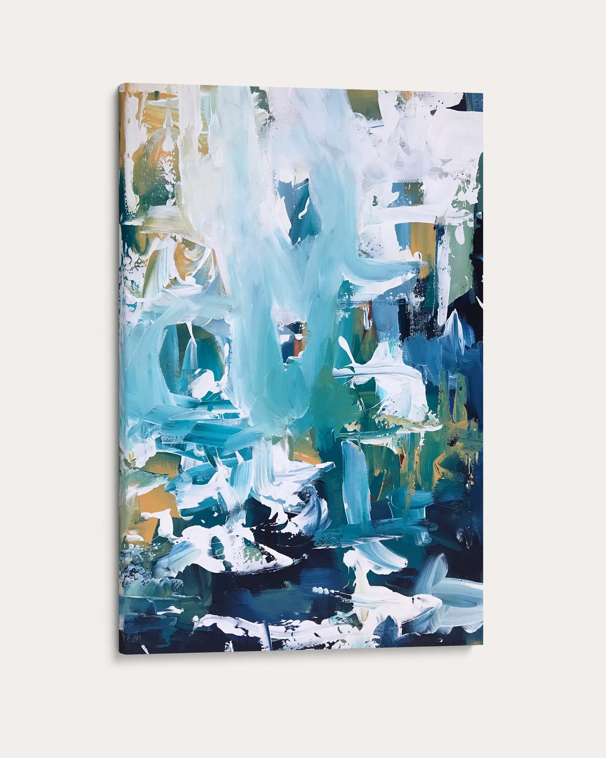 Abstract painting with blue, white, and green colors on a light gray background