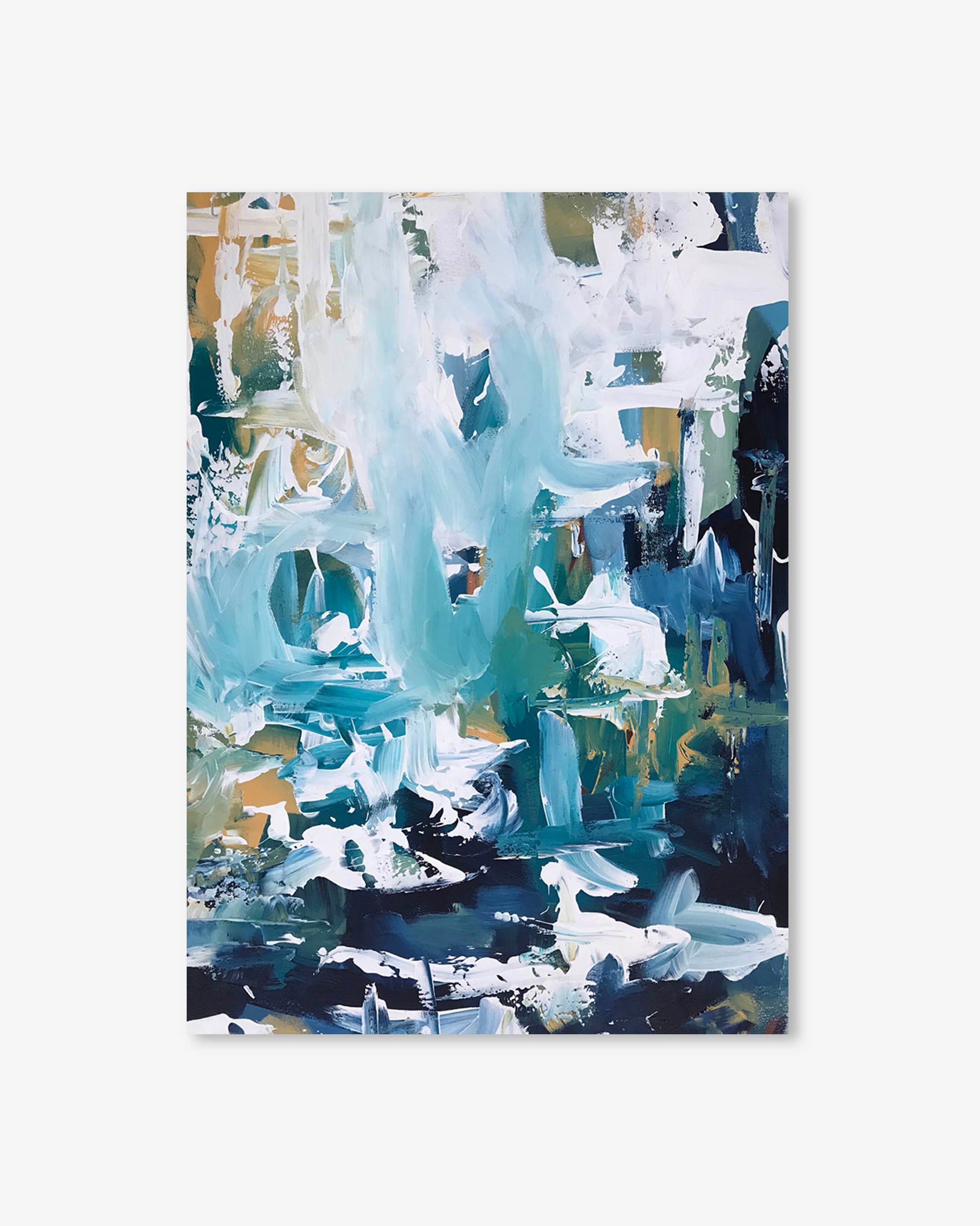 Abstract art print with blue, white, and black colors on a white background