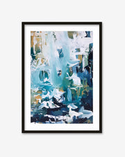 Framed abstract art print with blue, white, and green colors on a white background
