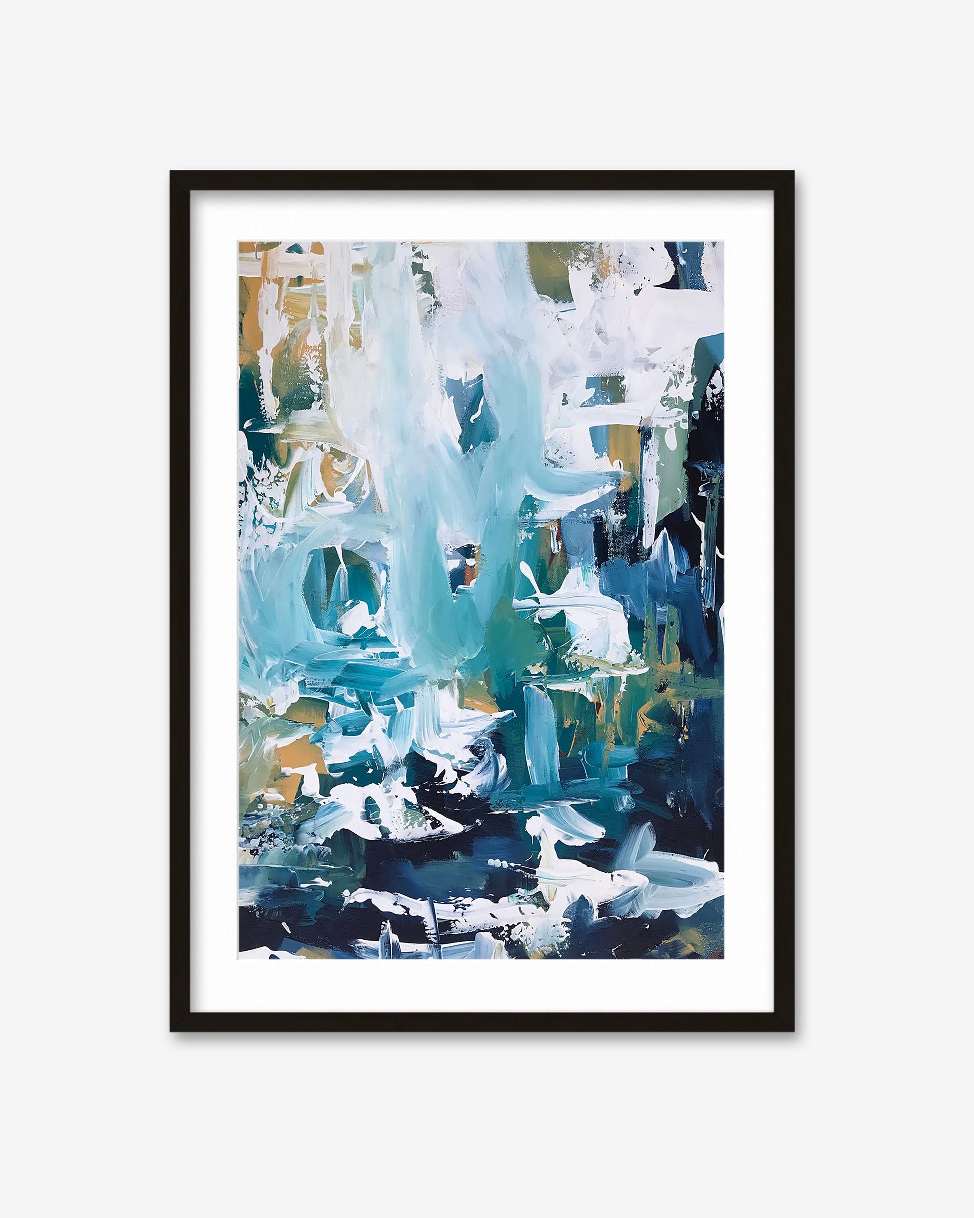 Framed abstract art print with blue, white, and green colors on a white background