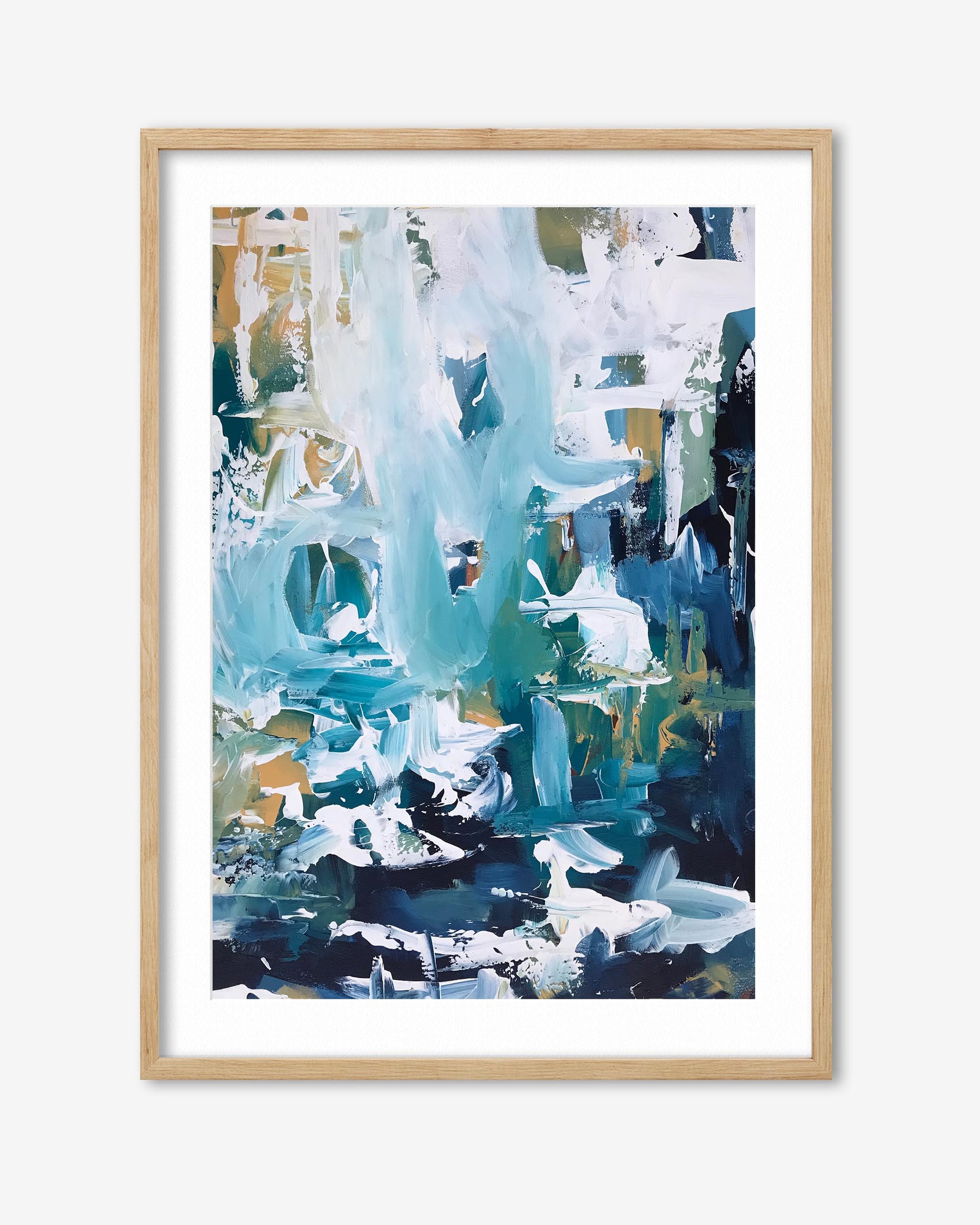 Abstract art print with blue and white tones in a wooden frame on a white background