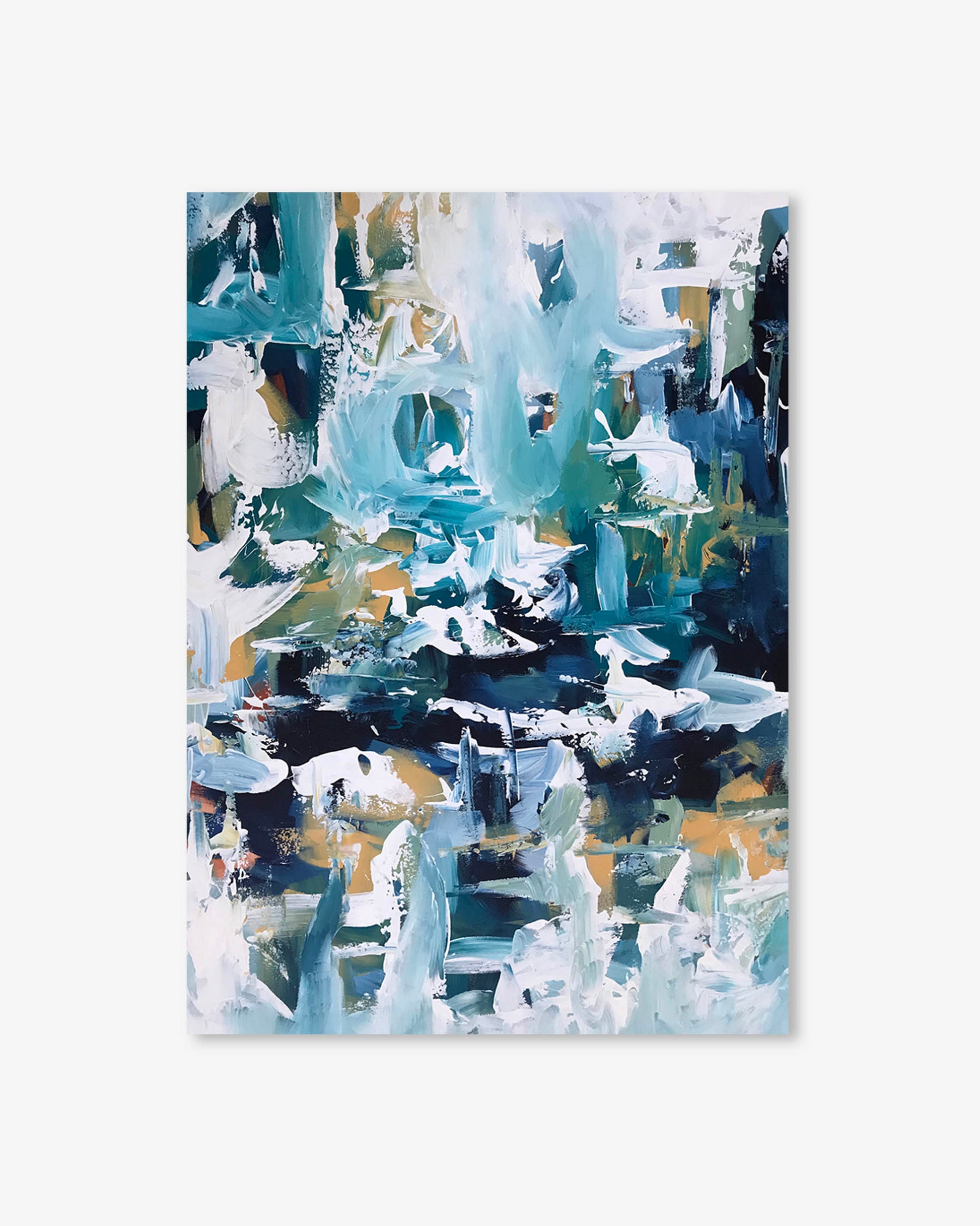 Abstract painting with blue, white, and gray tones on a white background