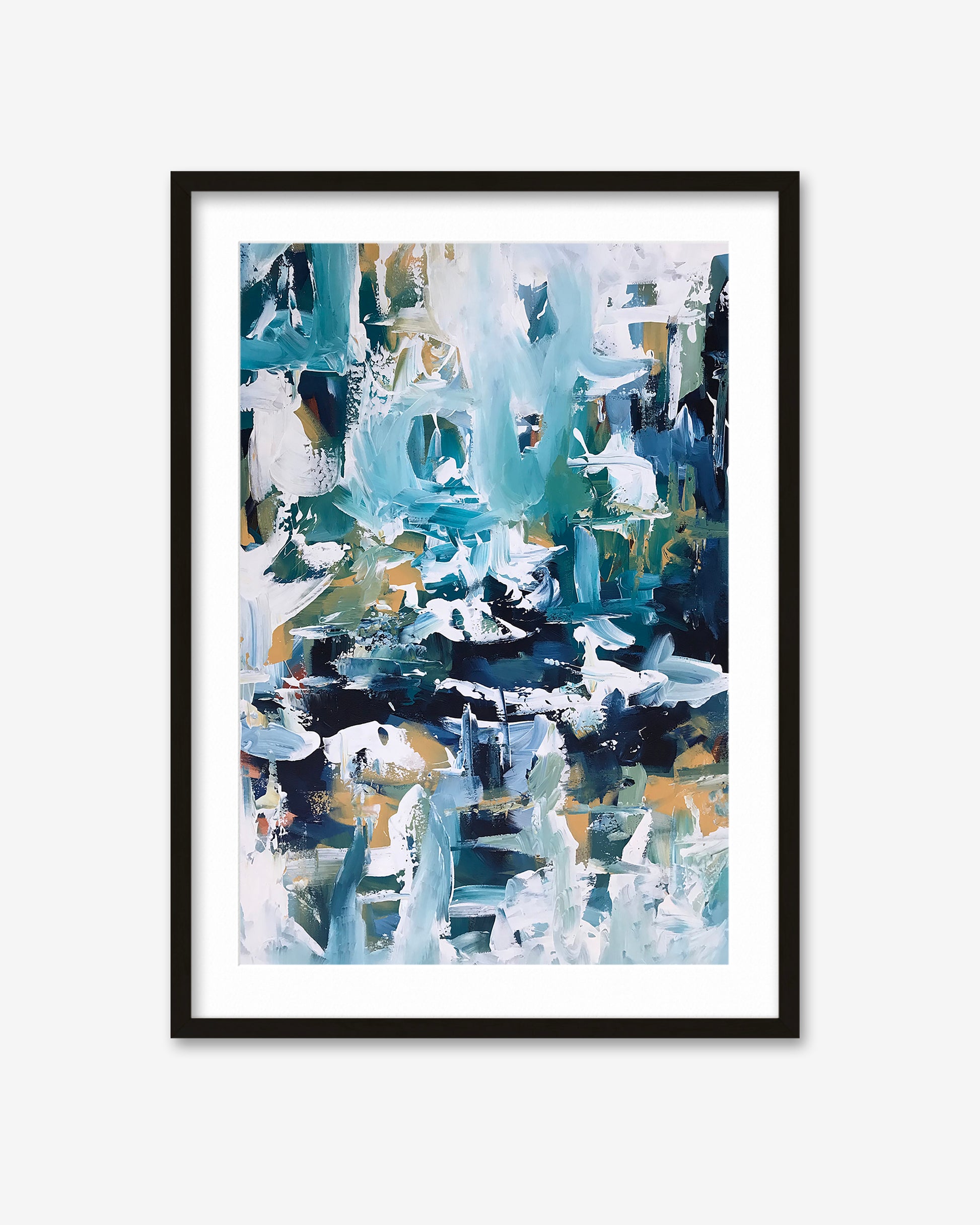 Framed abstract art print with blue, white, and black colors on a white background
