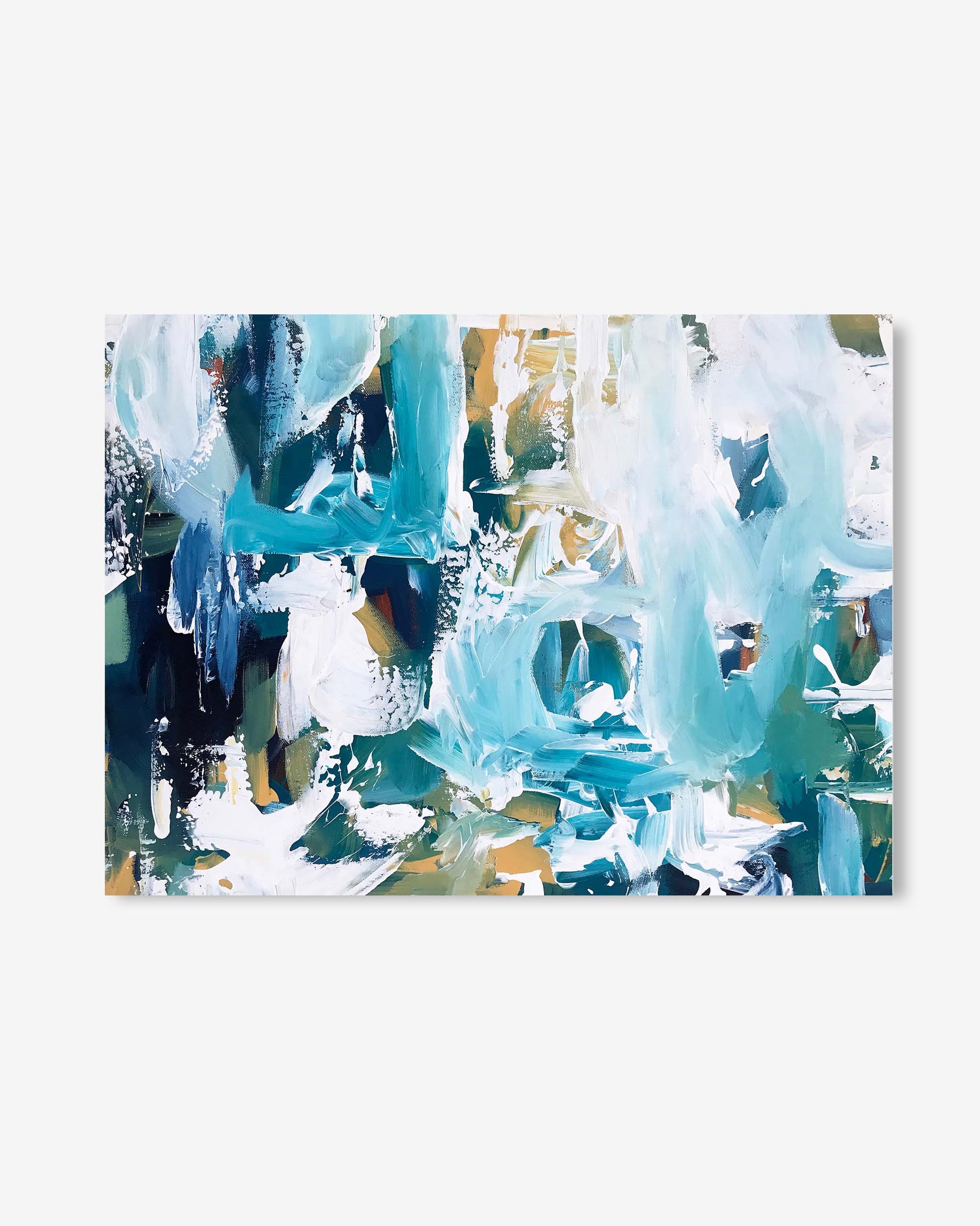 Abstract art print with blue, white, and gold brush strokes on a white background