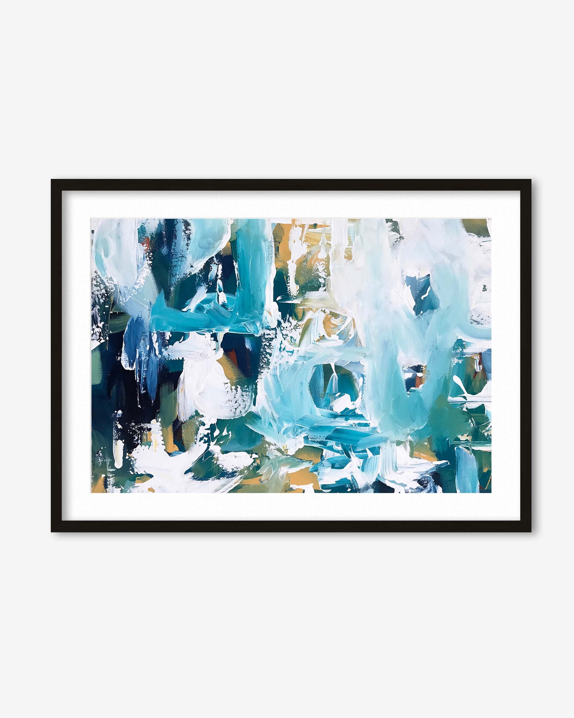 Framed abstract art print with blue and white brushstrokes on a white wall