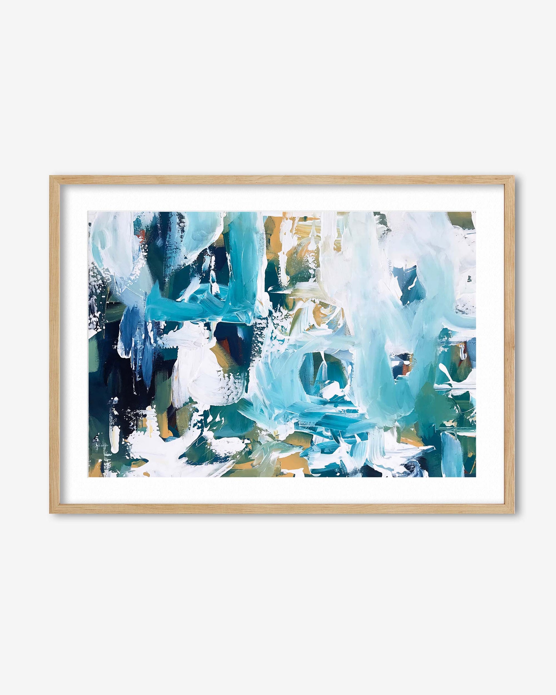 Framed abstract art print with blue and white brushstrokes on a white background