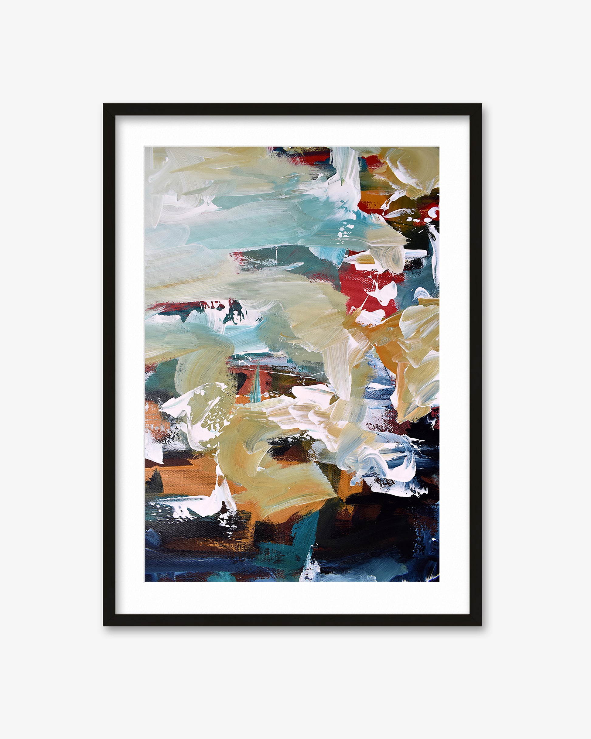 Framed abstract art print with colorful brush strokes on a white background