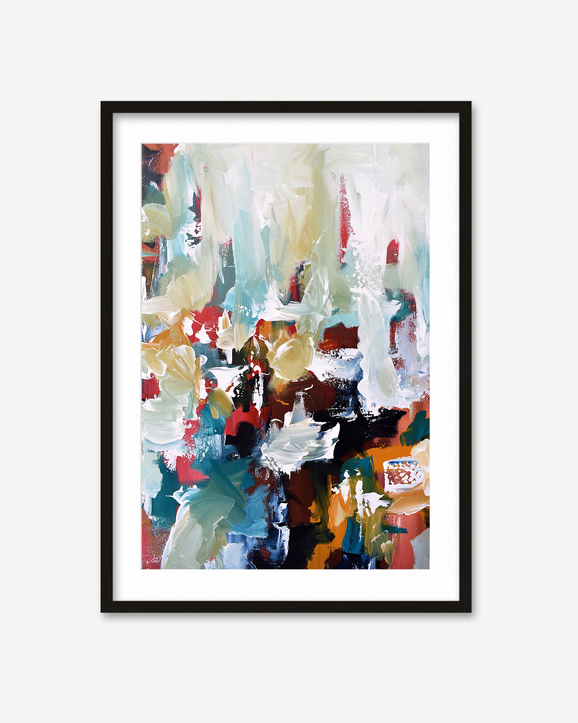 Framed abstract art print with colorful brush strokes on a white background