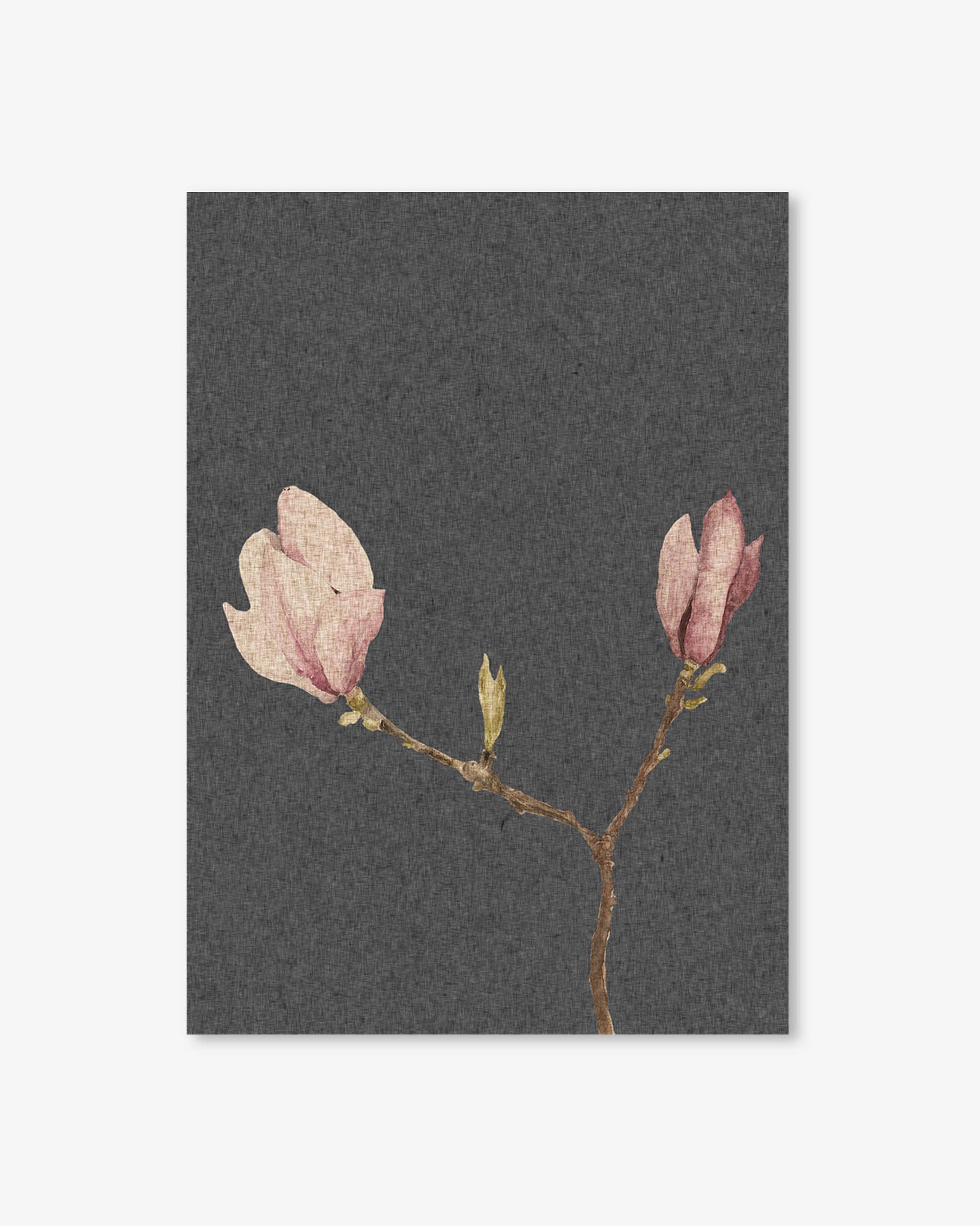 Art print of a branch with pink flowers on a dark gray background