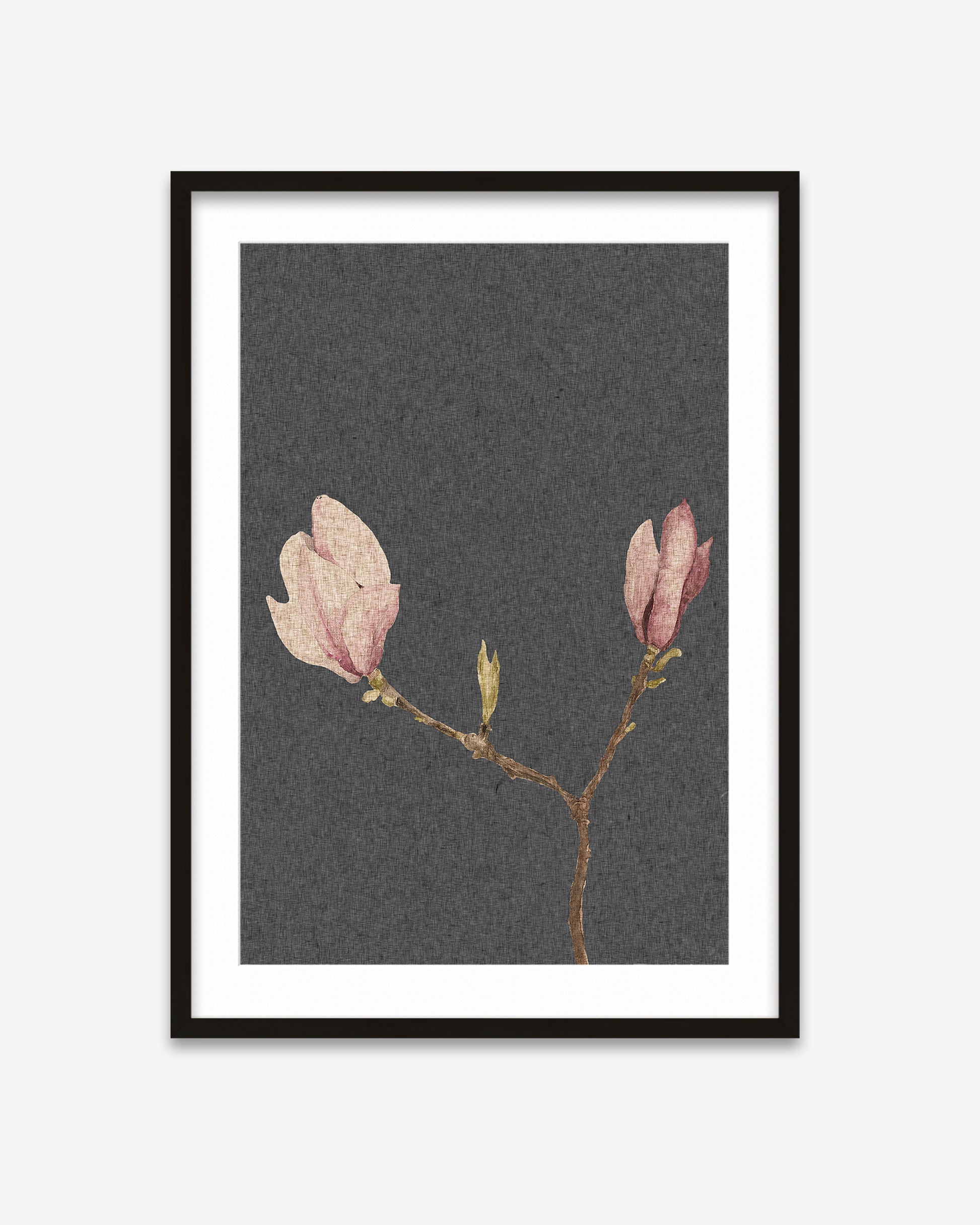 Framed artwork of pink flowers on a dark gray background