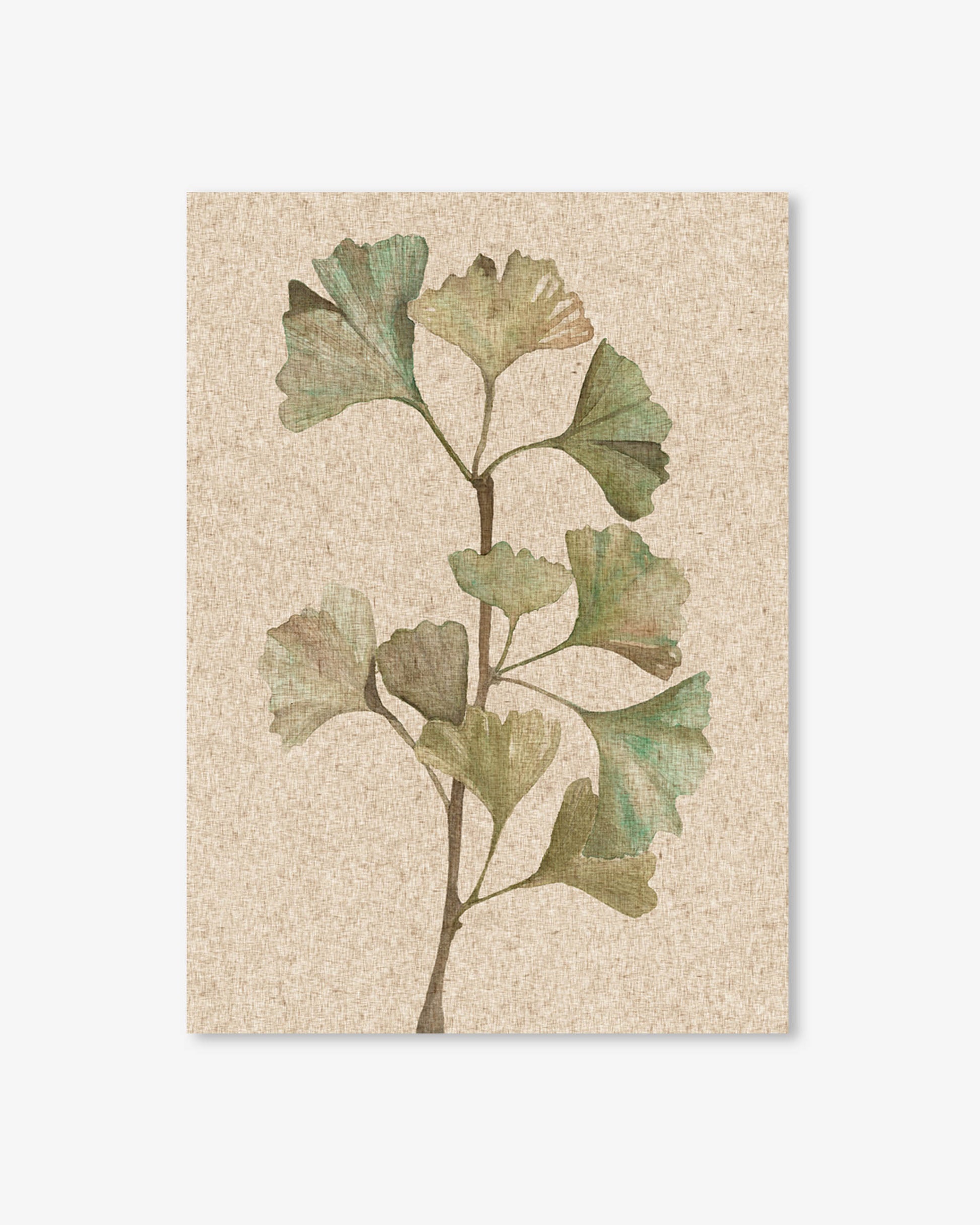 Decorative print with a branch of leaves on a textured beige background