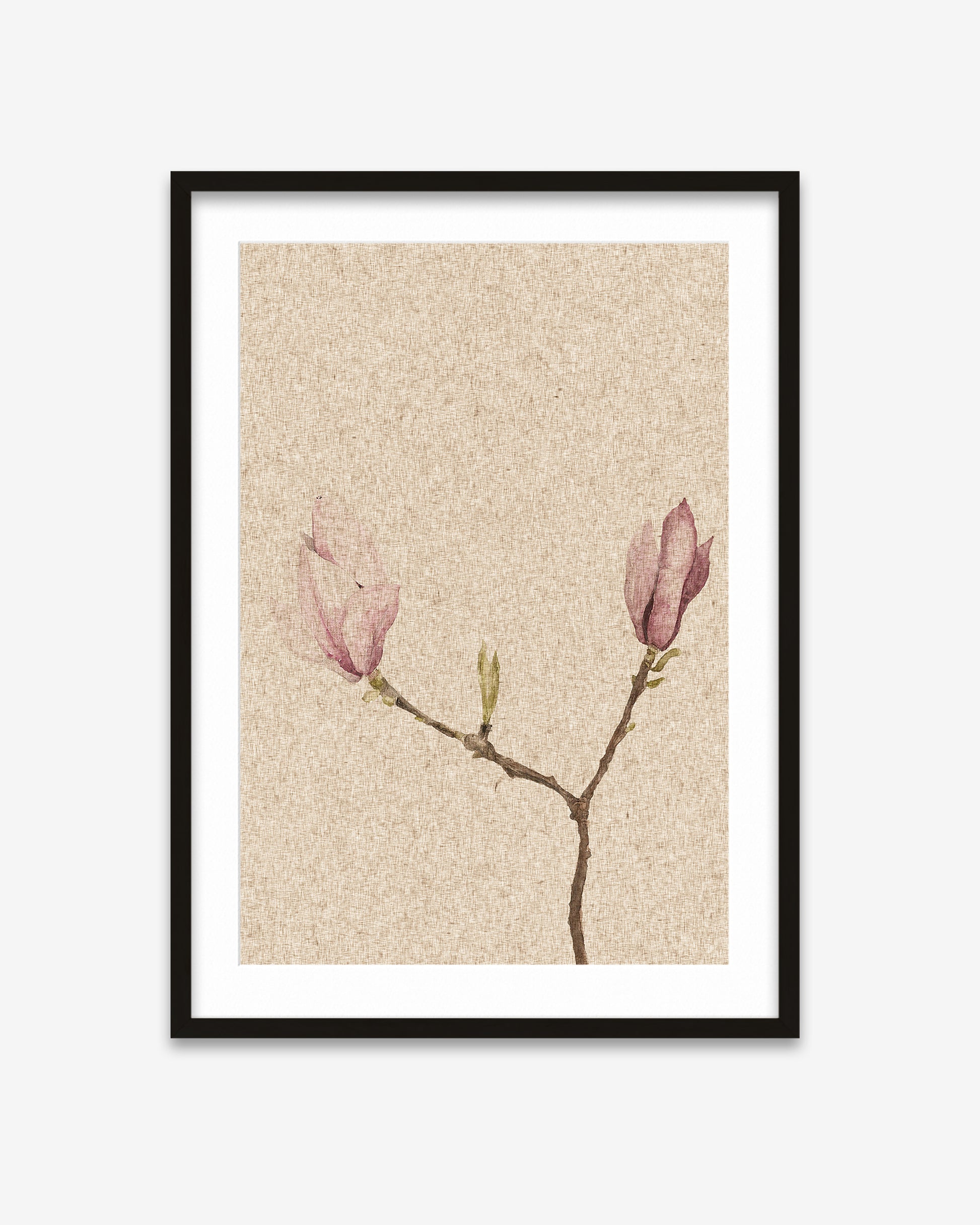 Framed artwork of pink flowers on a beige background