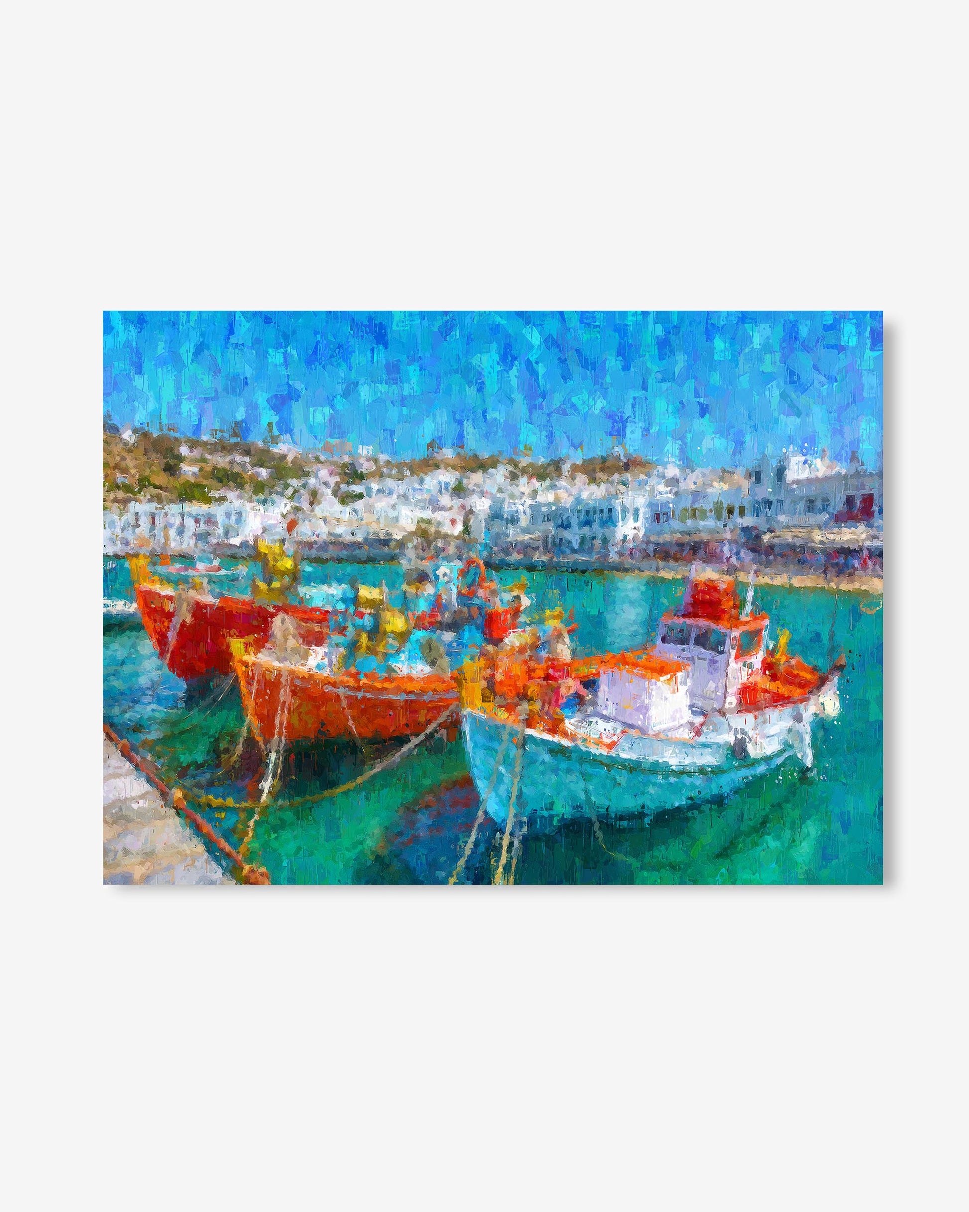 Colorful boats docked in a harbor with a scenic background