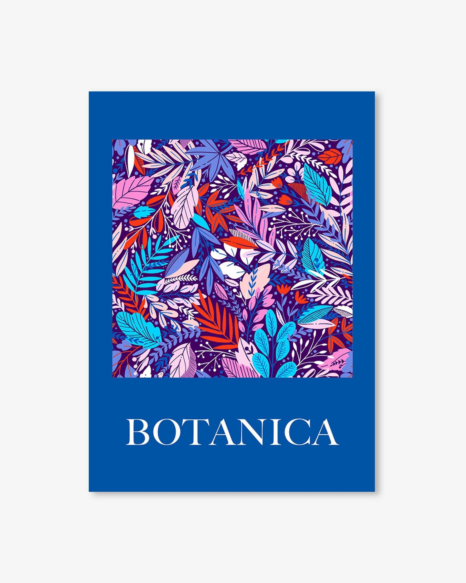 Floral patterned poster with 'BOTANICA' text on a blue background