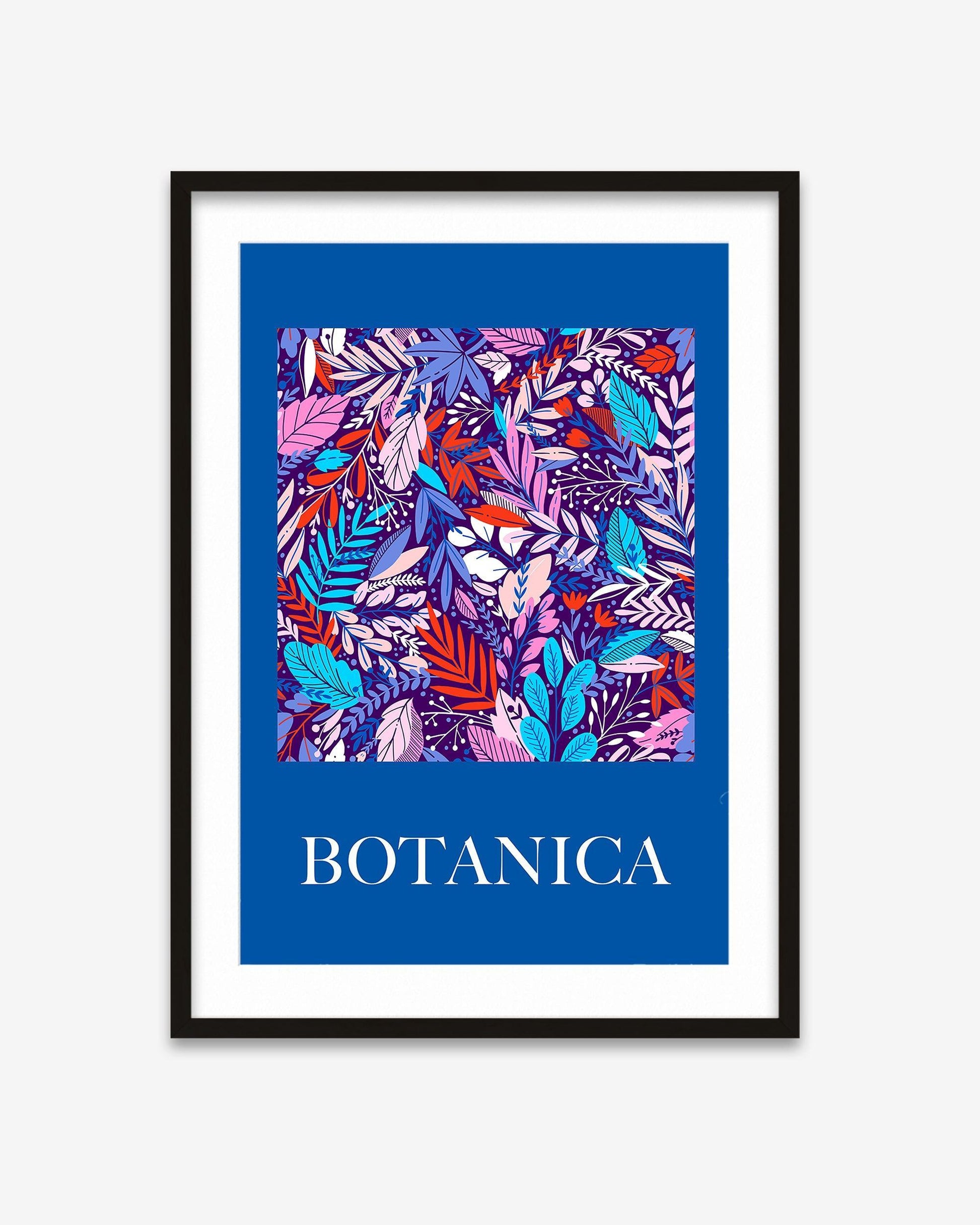 Framed artwork with colorful leaf pattern and 'BOTANICA' text on a blue background