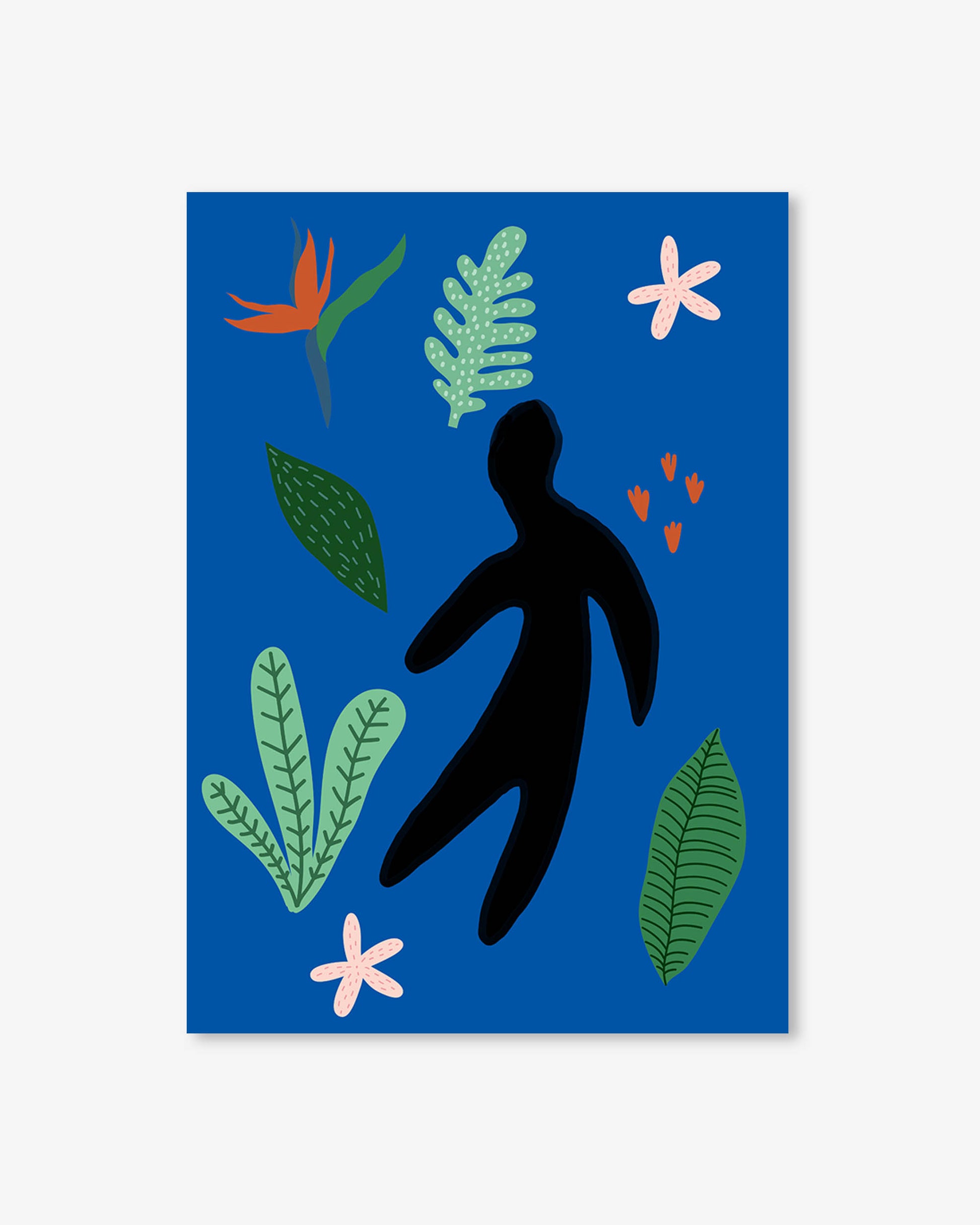 Art print with a black silhouette of a person surrounded by colorful leaves and flowers on a blue background