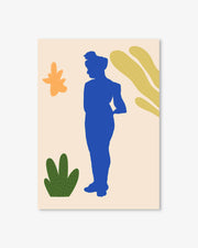 Poster with a blue silhouette of a person and colorful plants on a beige background