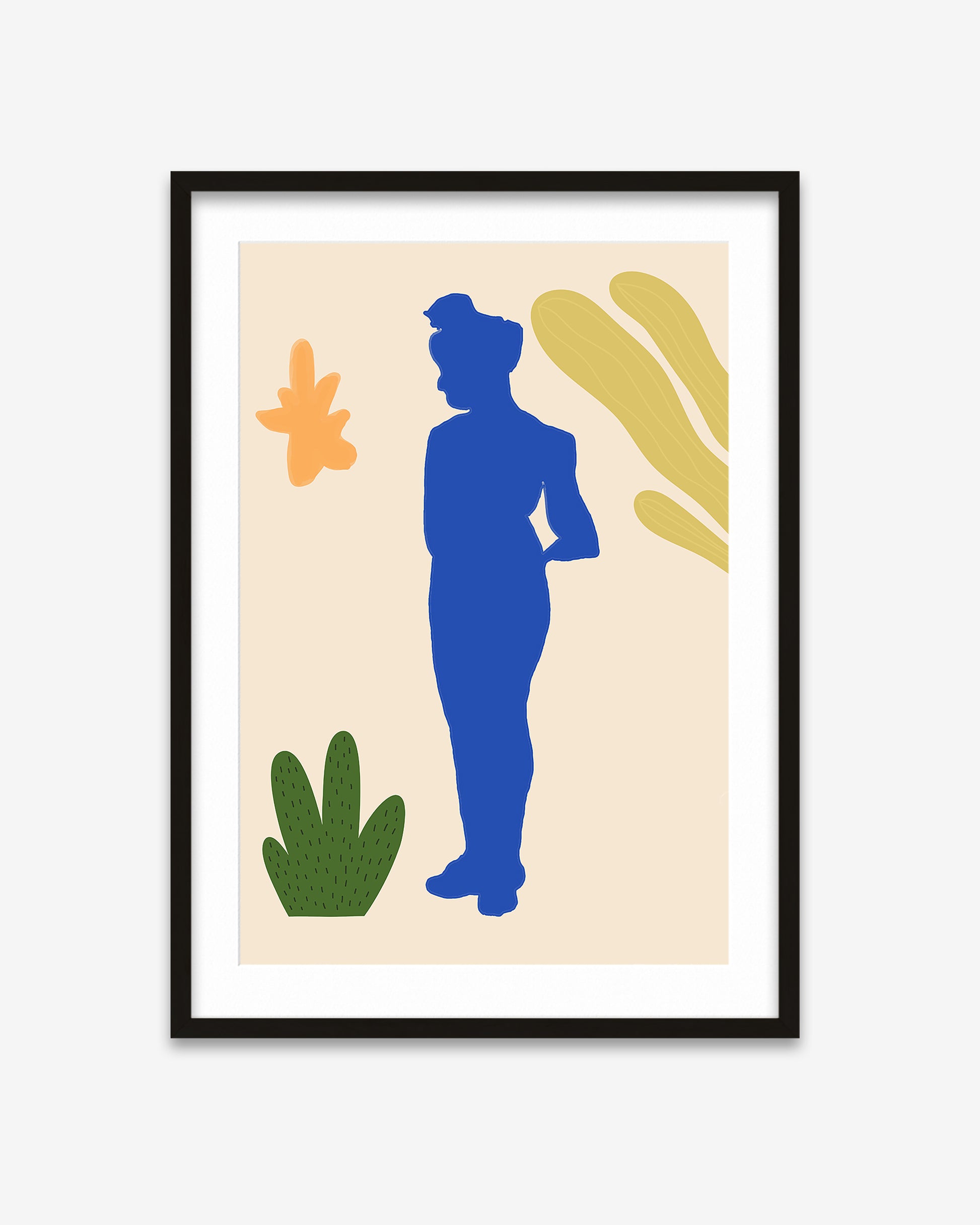 Framed artwork with a blue silhouette of a person, orange flower, green plant, and yellow abstract shapes on a beige background.