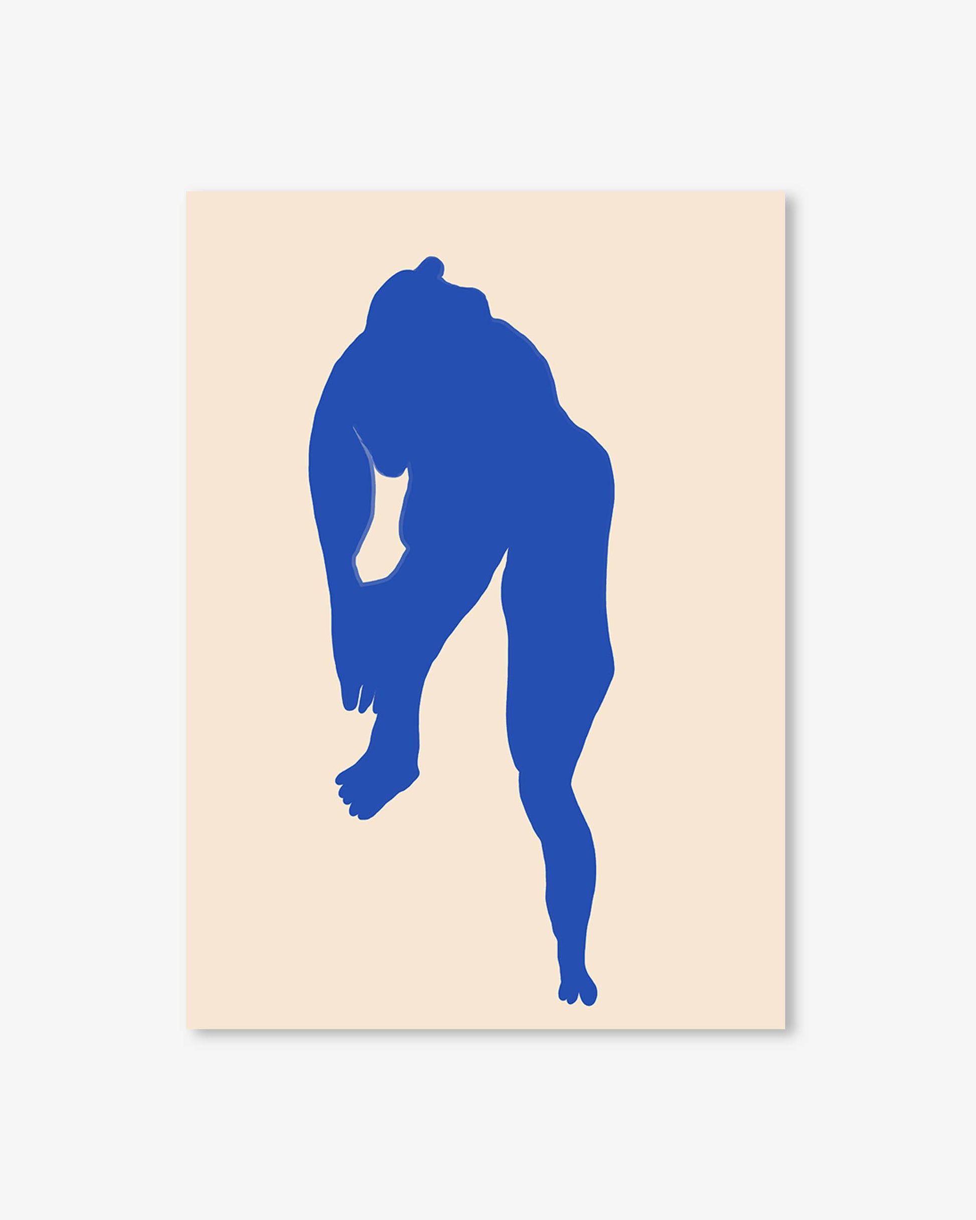 Blue silhouette of a person in a crouching position on a beige background