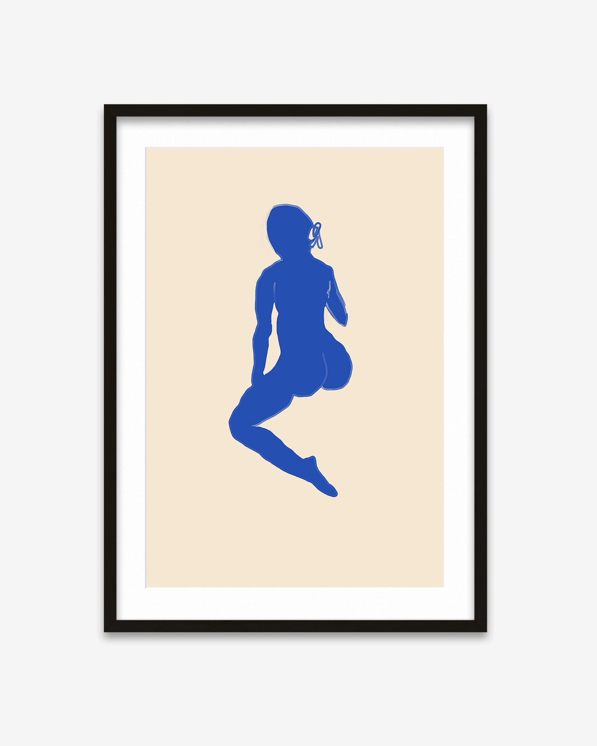 Framed artwork with a blue silhouette of a person on a beige background