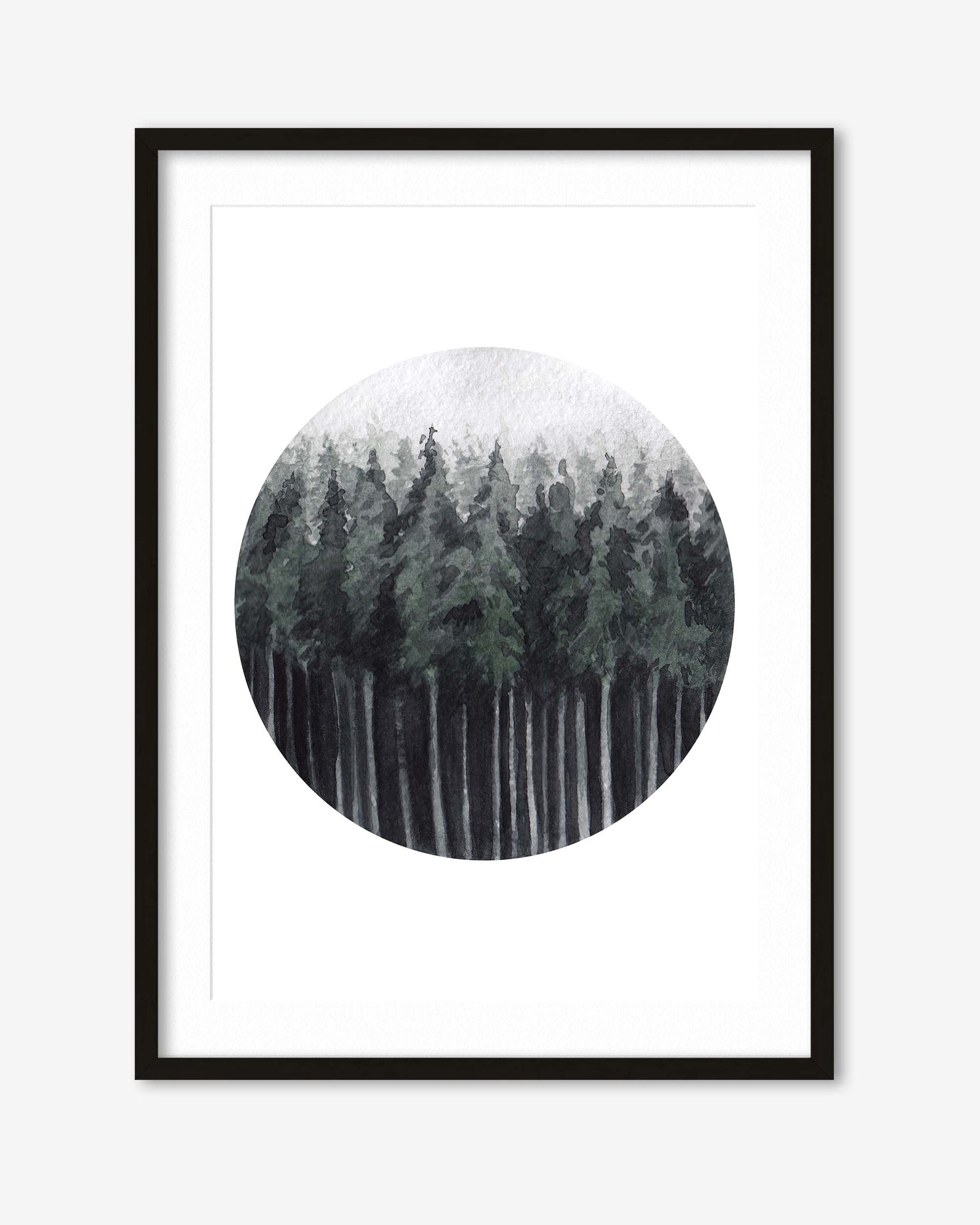 Framed artwork of a forest scene with a circular inset on a white background