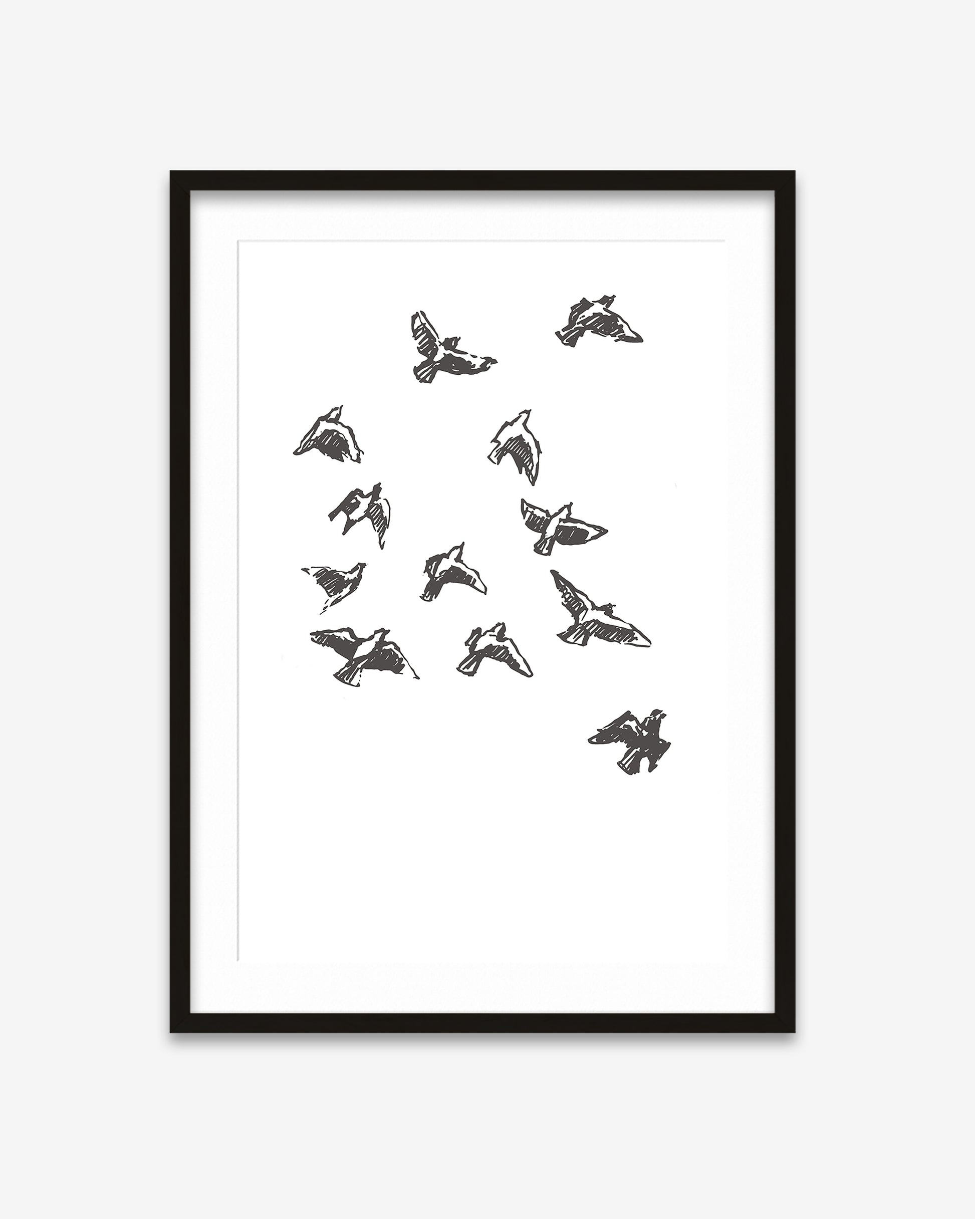 Framed artwork with black line drawings of birds on a white background