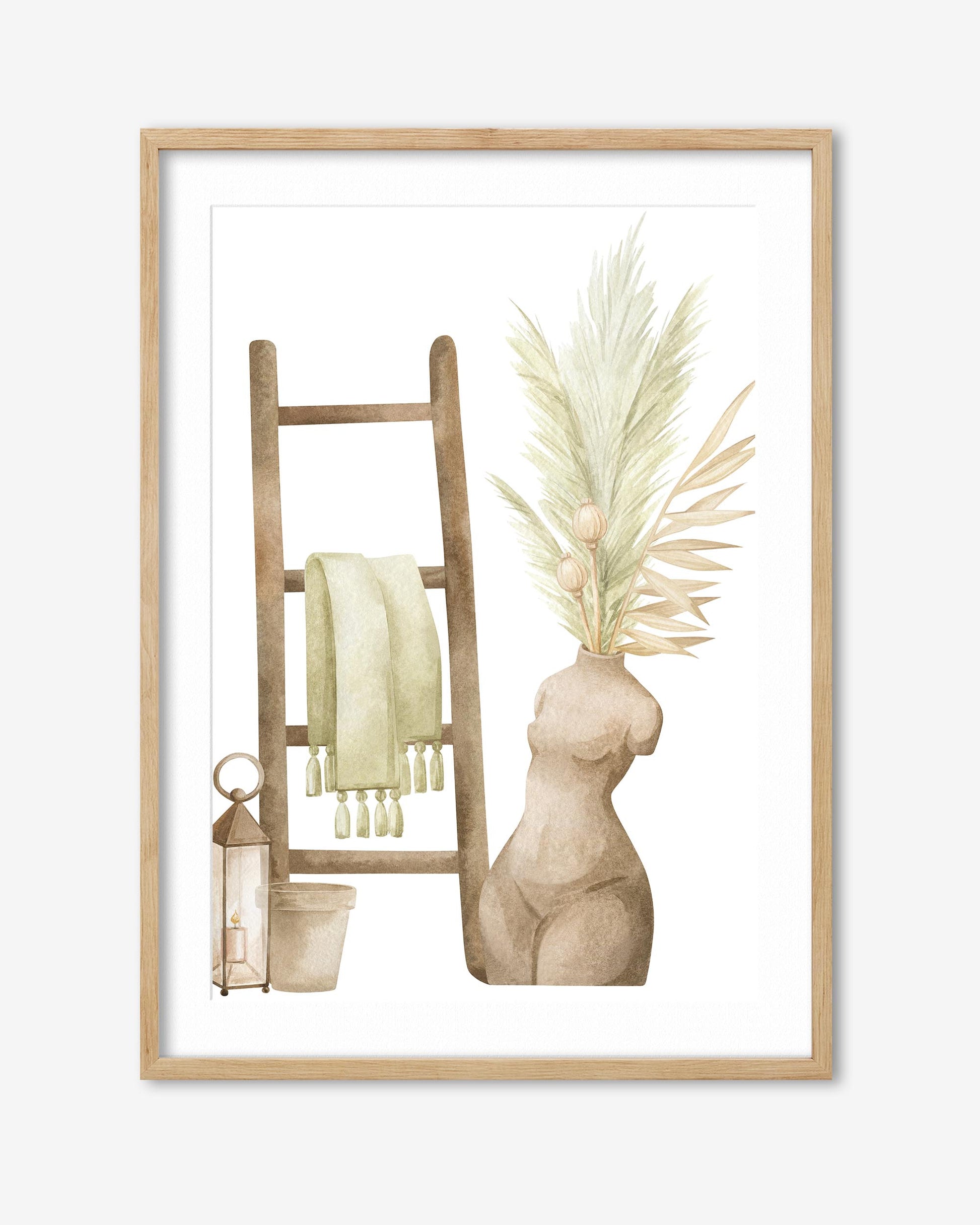 Framed artwork of a ladder with towels, a vase with leaves, and a statue on a white background